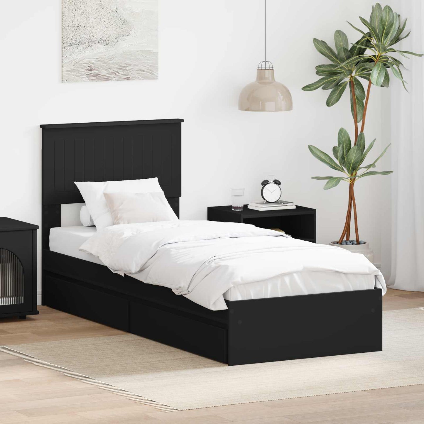 Tárolós Ágy fiókkal fejtámlával Fekete 75 x 190 cm Szerelt Fa
