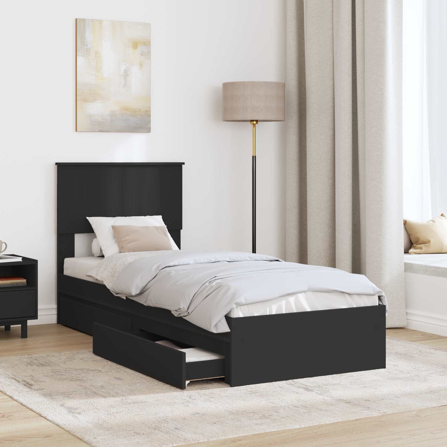 Tárolós Ágy fiókkal fejtámlával Fekete 75 x 190 cm Szerelt Fa