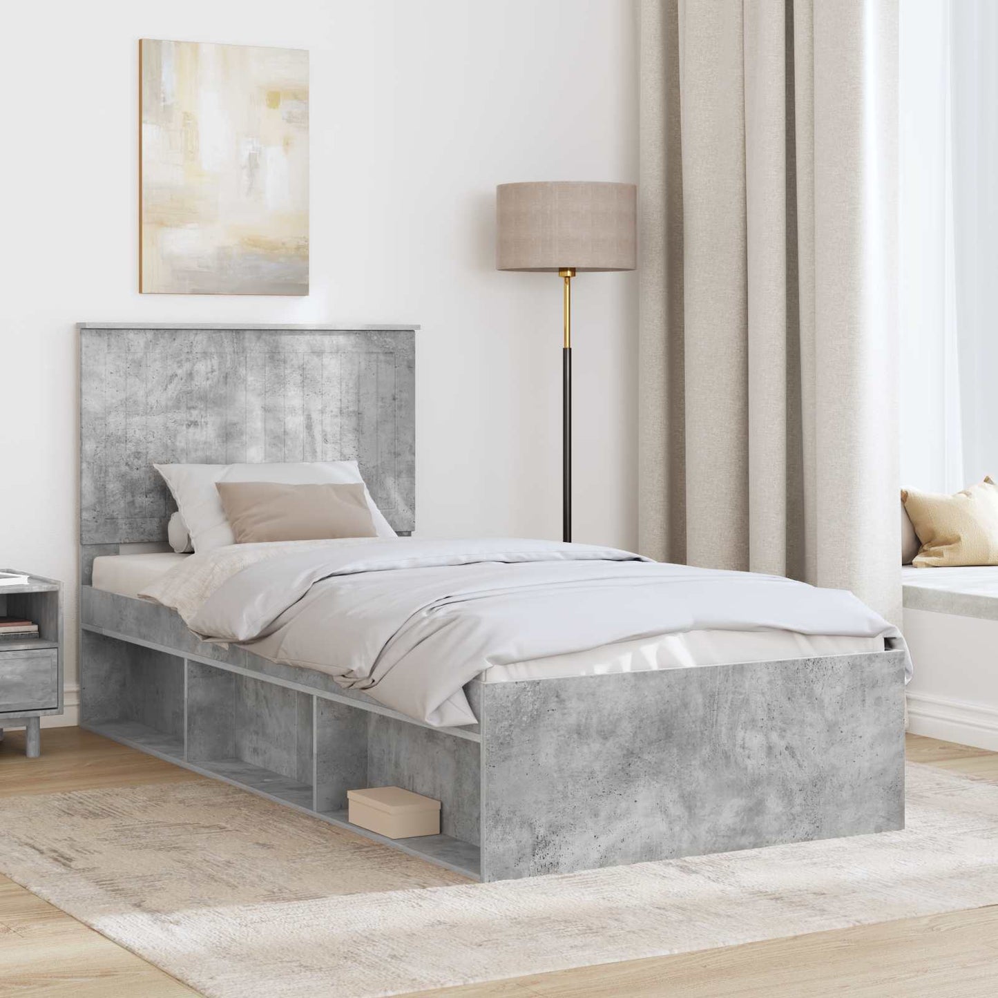 Ágykeret fejtámlával Beton Szürke 90 x 190 cm Tömör fenyőfa