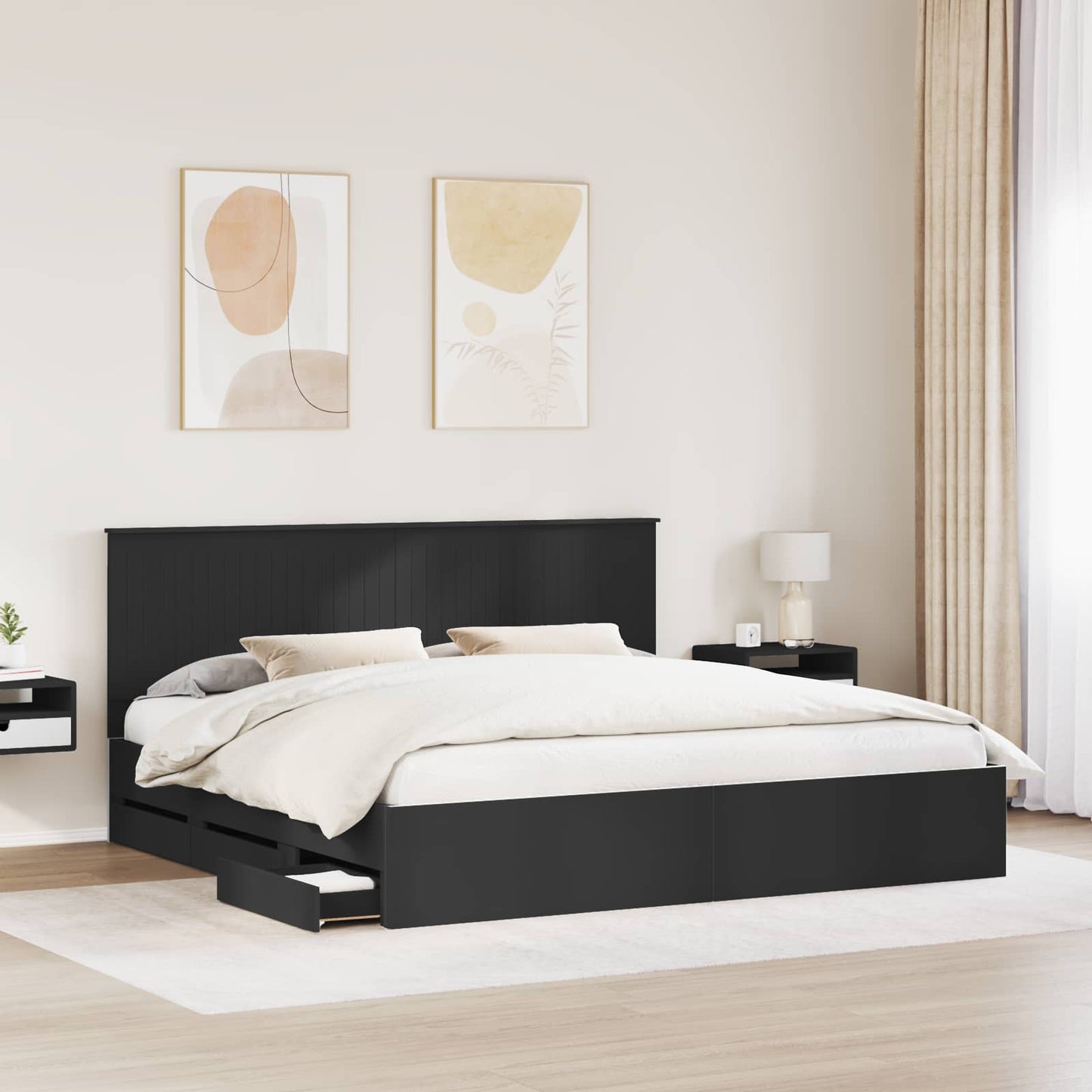 Ágykeret fiókkal fejtámlával Fekete 200 x 200 cm Mérnöki Fa