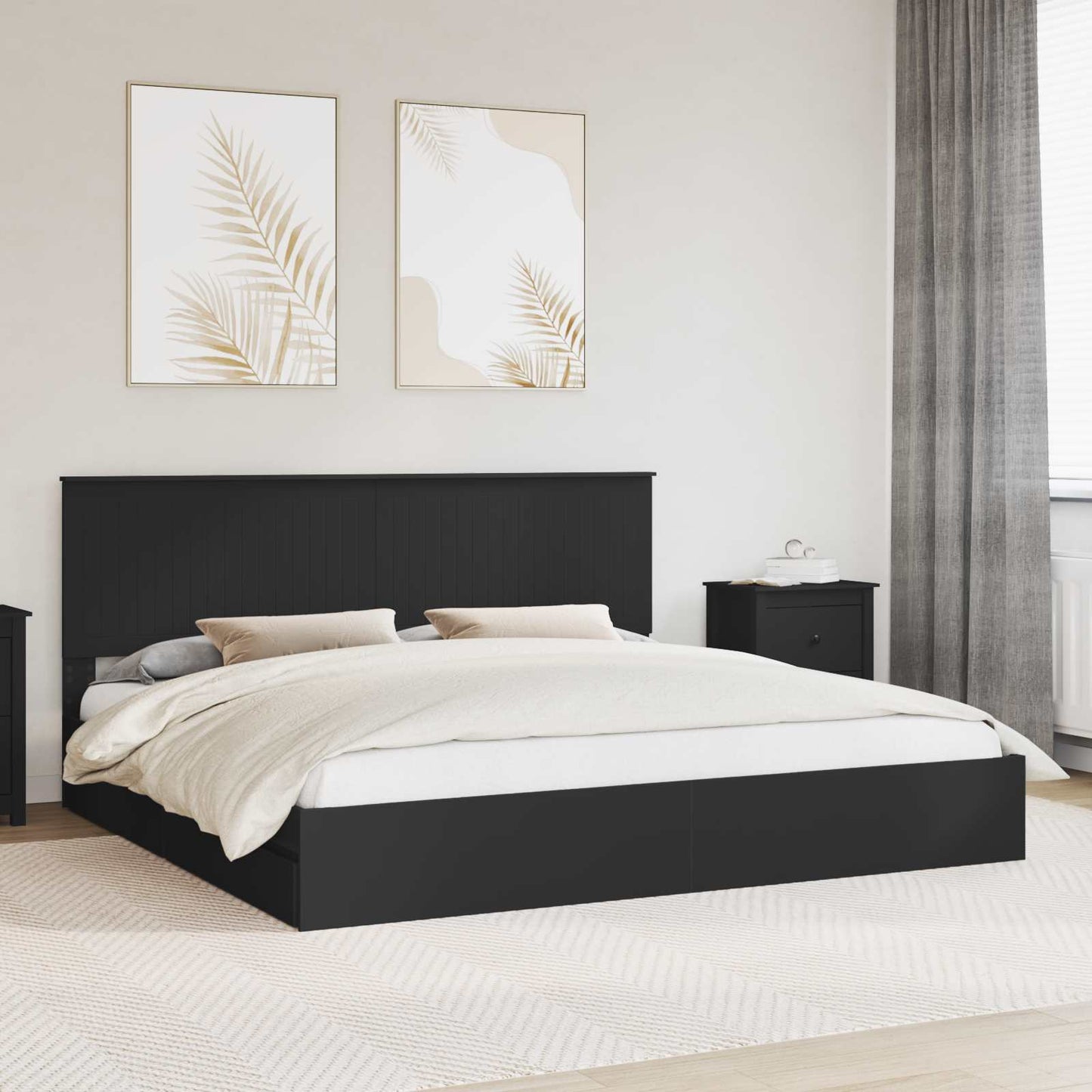 Tárolós Ágy fiókkal fejtámlával Fekete 200 x 200 cm Szerelt Fa