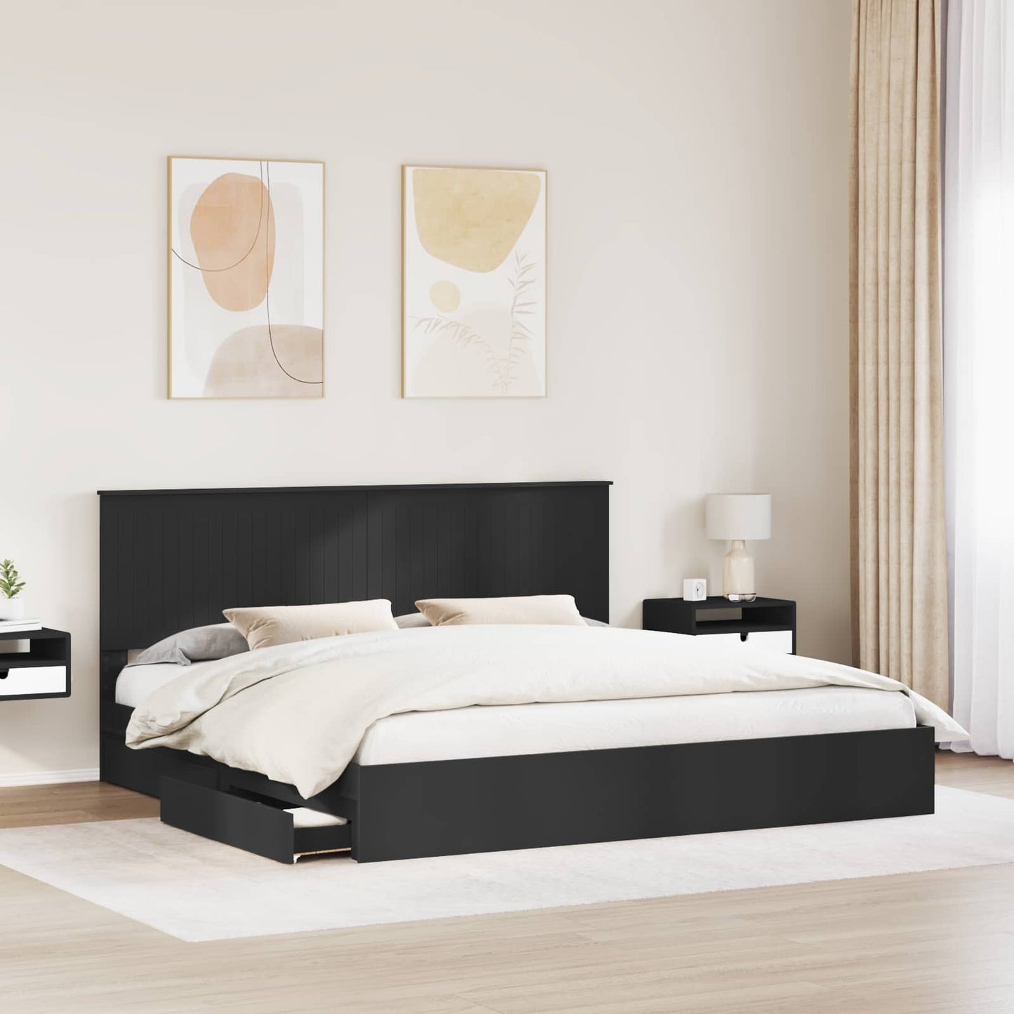 Tárolós Ágy fiókkal fejtámlával Fekete 200 x 200 cm Szerelt Fa