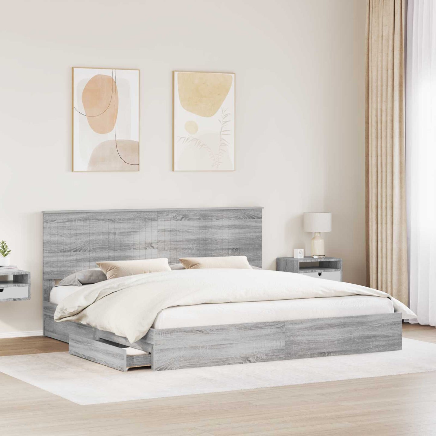 Tárolós Ágy fiókkal Szürke Sonoma 200 x 200 cm Szerelt Fa