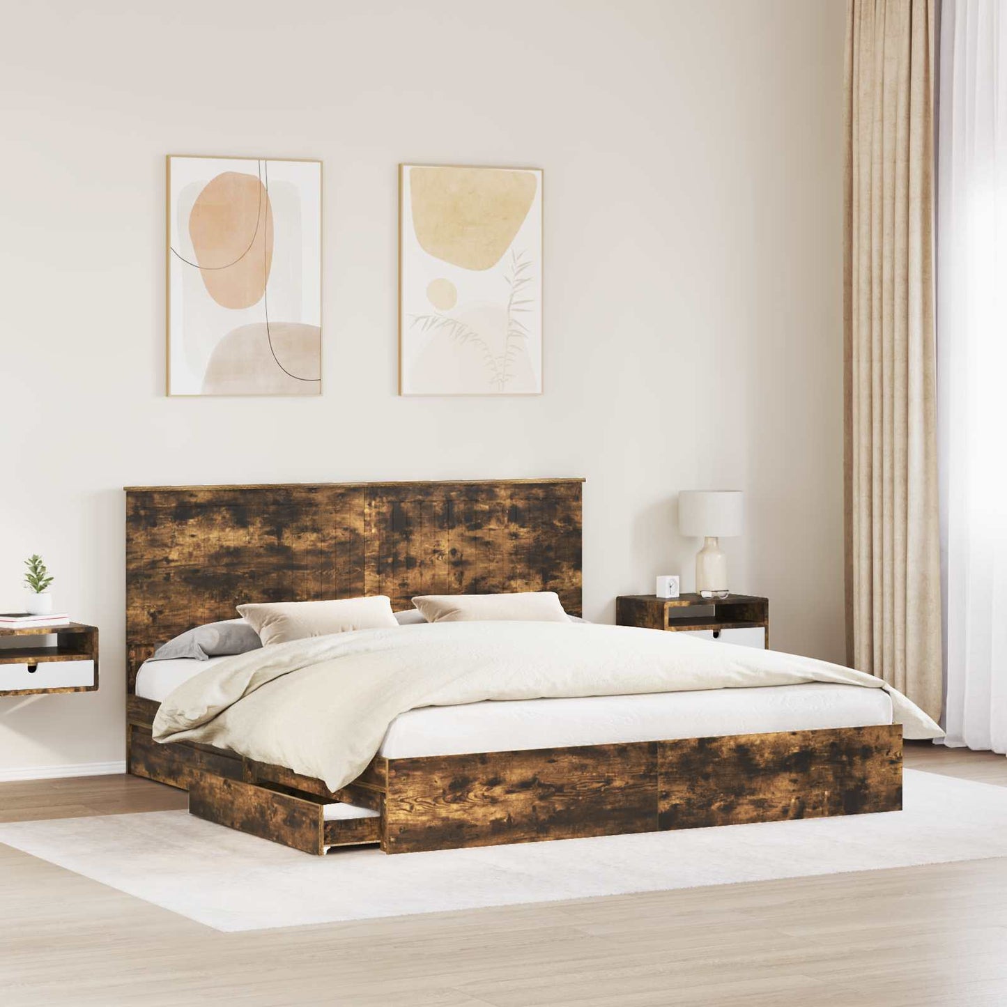 Tárolós Ágy fiókkal Füstölt tölgy 180 x 200 cm Szerelt Fa