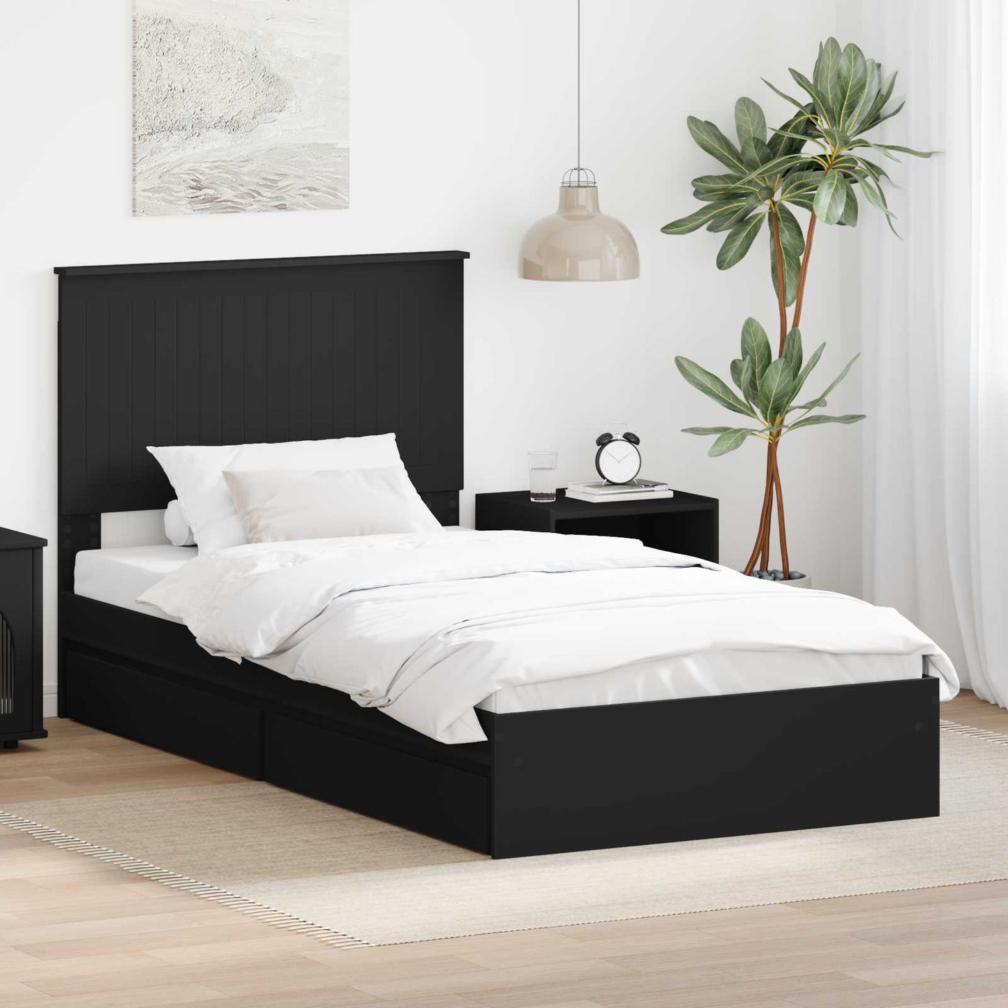Tárolós Ágy fejtámlával fiókkal Fekete 100 x 200 cm Faanyag
