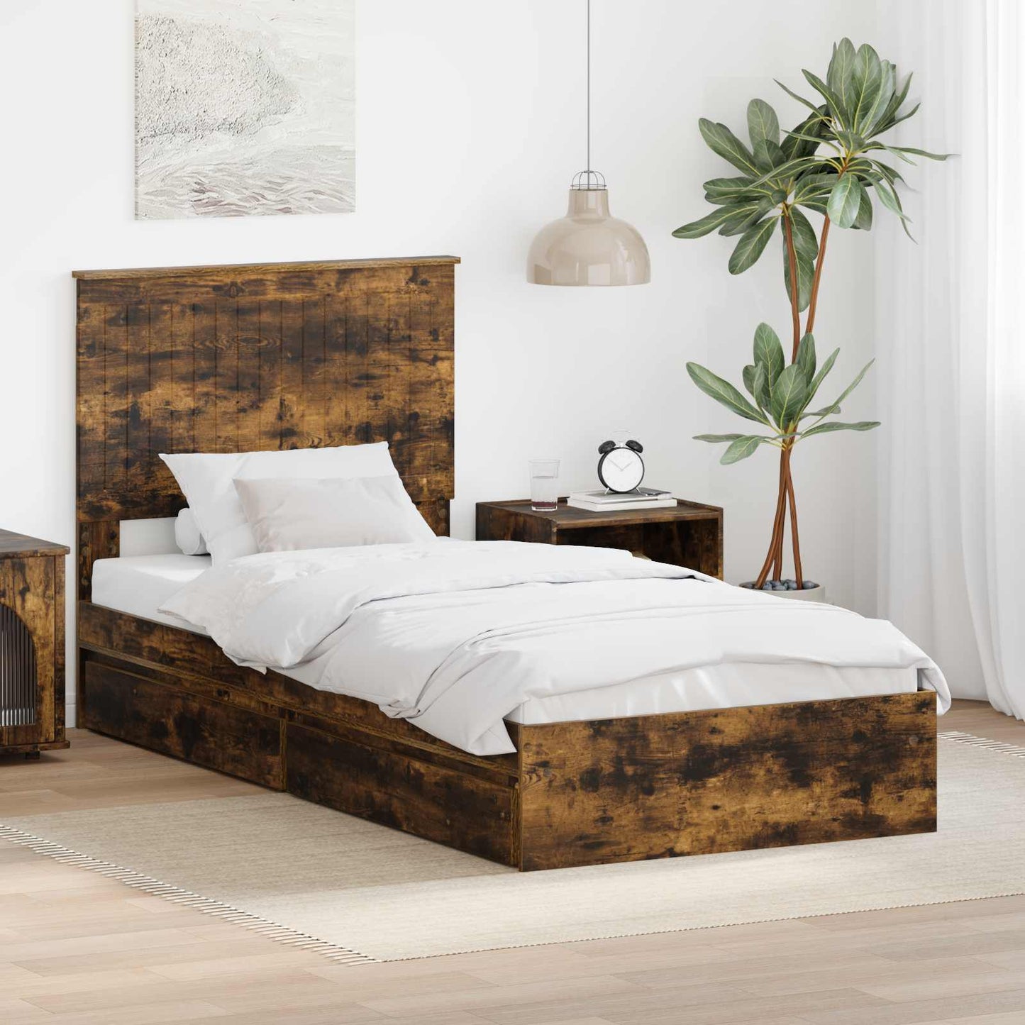 Tárolós Ágy fiókkal Füstölt tölgy 90 x 200 cm Szerelt Fa