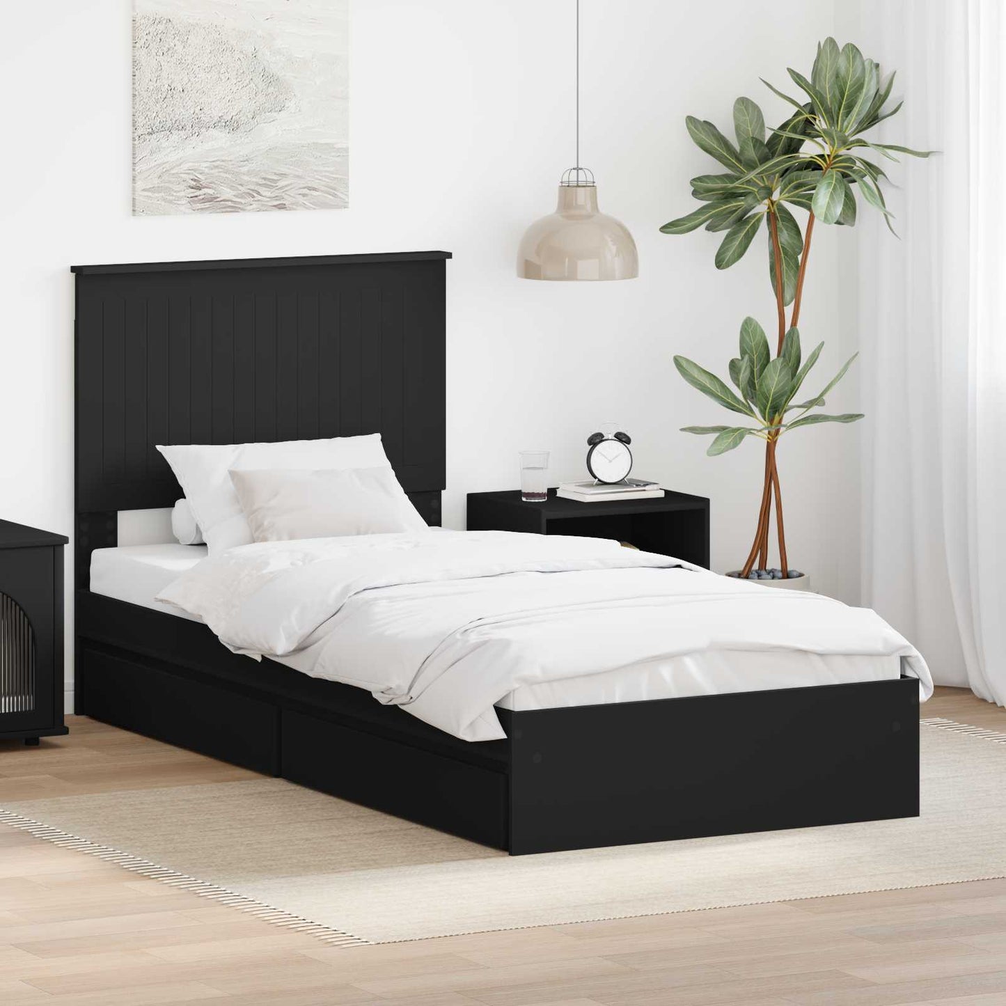 Tárolós Ágy fiókkal fejtámlával Fekete 90 x 190 cm Szerelt Fa