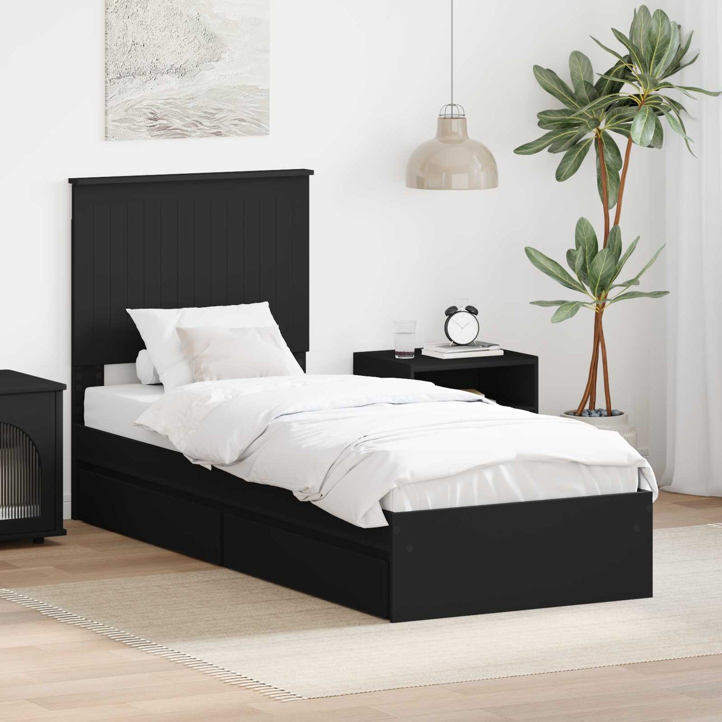 Tárolós Ágy fiókkal fejtámlával Fekete 75 x 190 cm Szerelt Fa