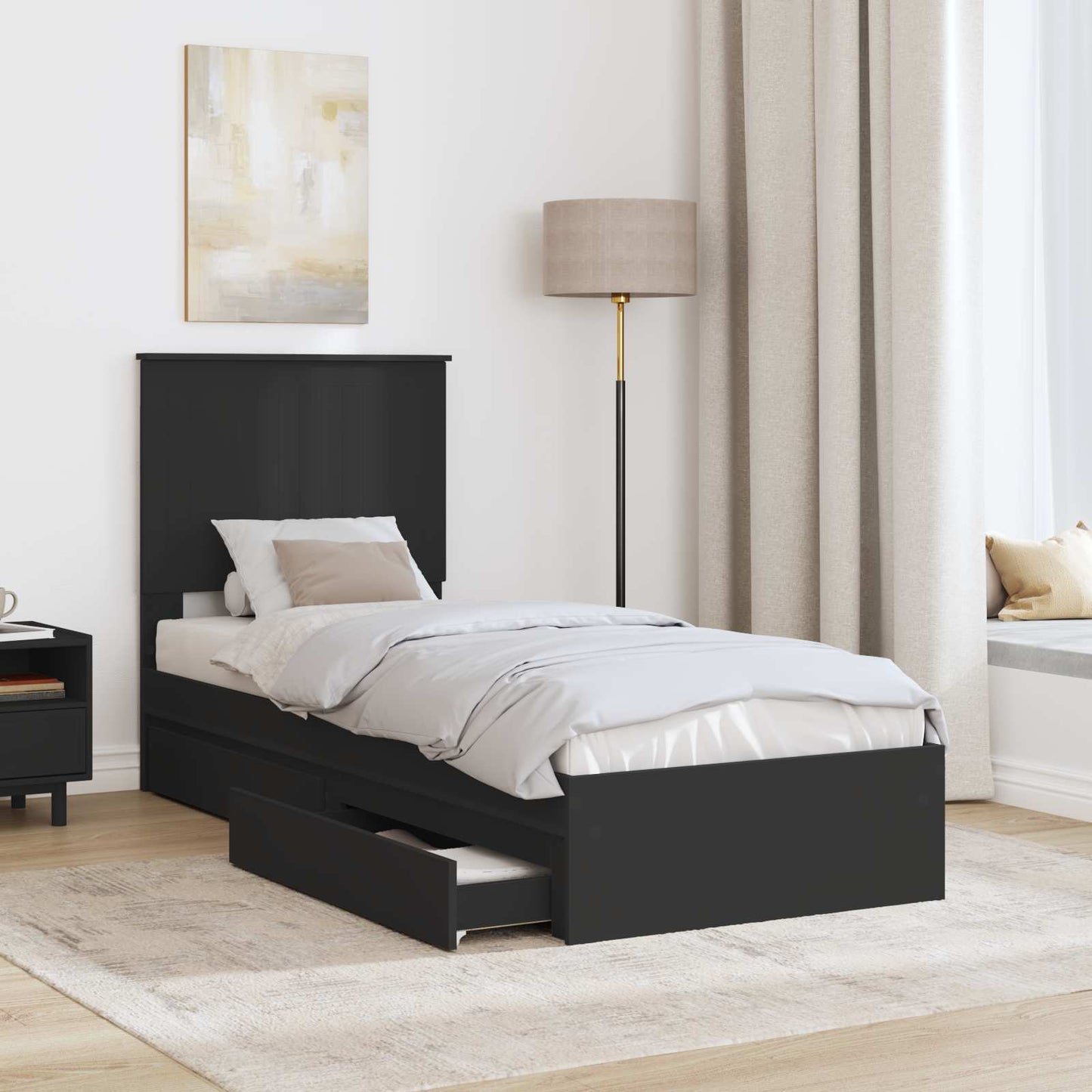 Tárolós Ágy fiókkal fejtámlával Fekete 75 x 190 cm Szerelt Fa