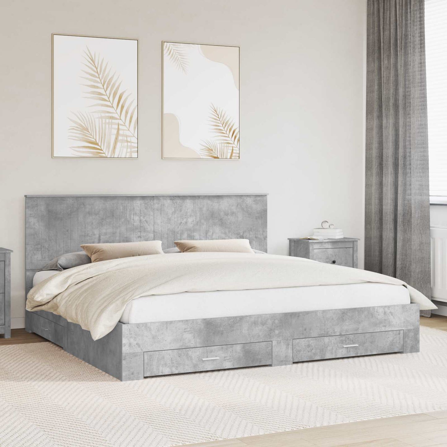 Ágykeret fejtámlával fiókkal Beton Szürke 200 x 200 cm Faanyag