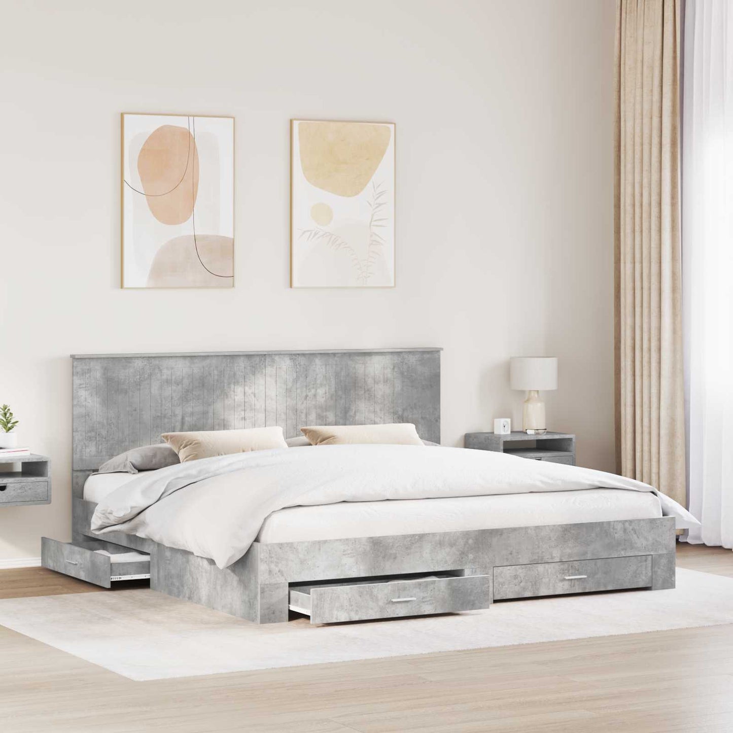 Ágykeret fejtámlával fiókkal Beton Szürke 200 x 200 cm Faanyag