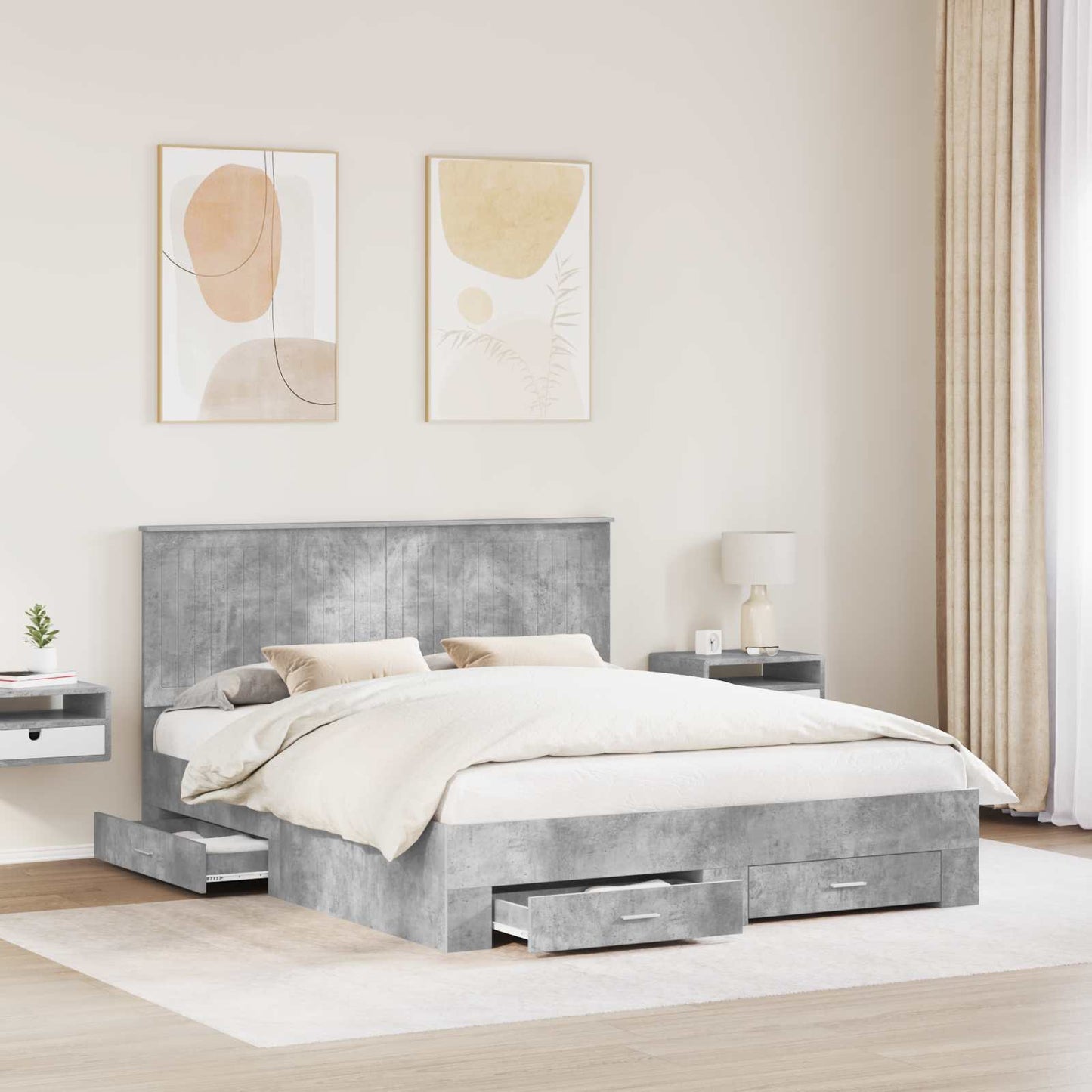 Ágykeret fejtámlával fiókkal Beton Szürke 160 x 200 cm Faanyag