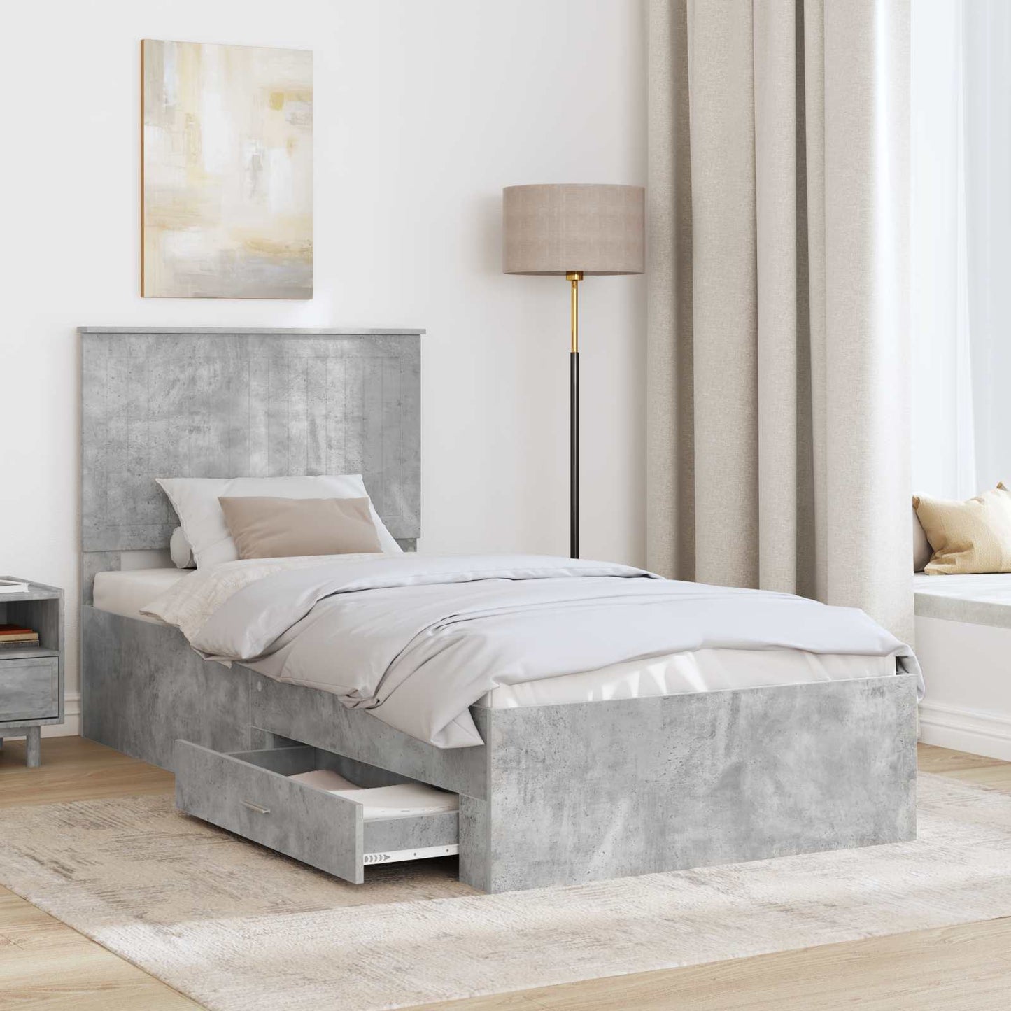 Ágykeret fejtámlával fiókkal Beton Szürke 90 x 200 cm Faanyag