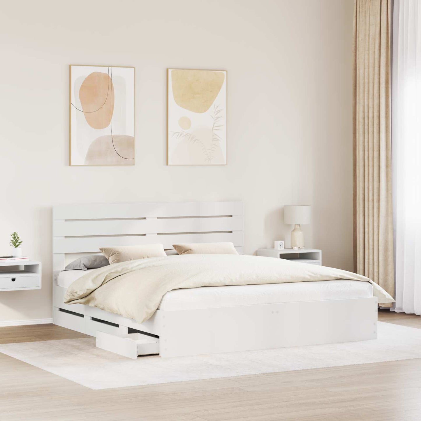 Ágykeret fiókkal fejtámlával Fehér 200 x 200 cm Mérnöki Fa