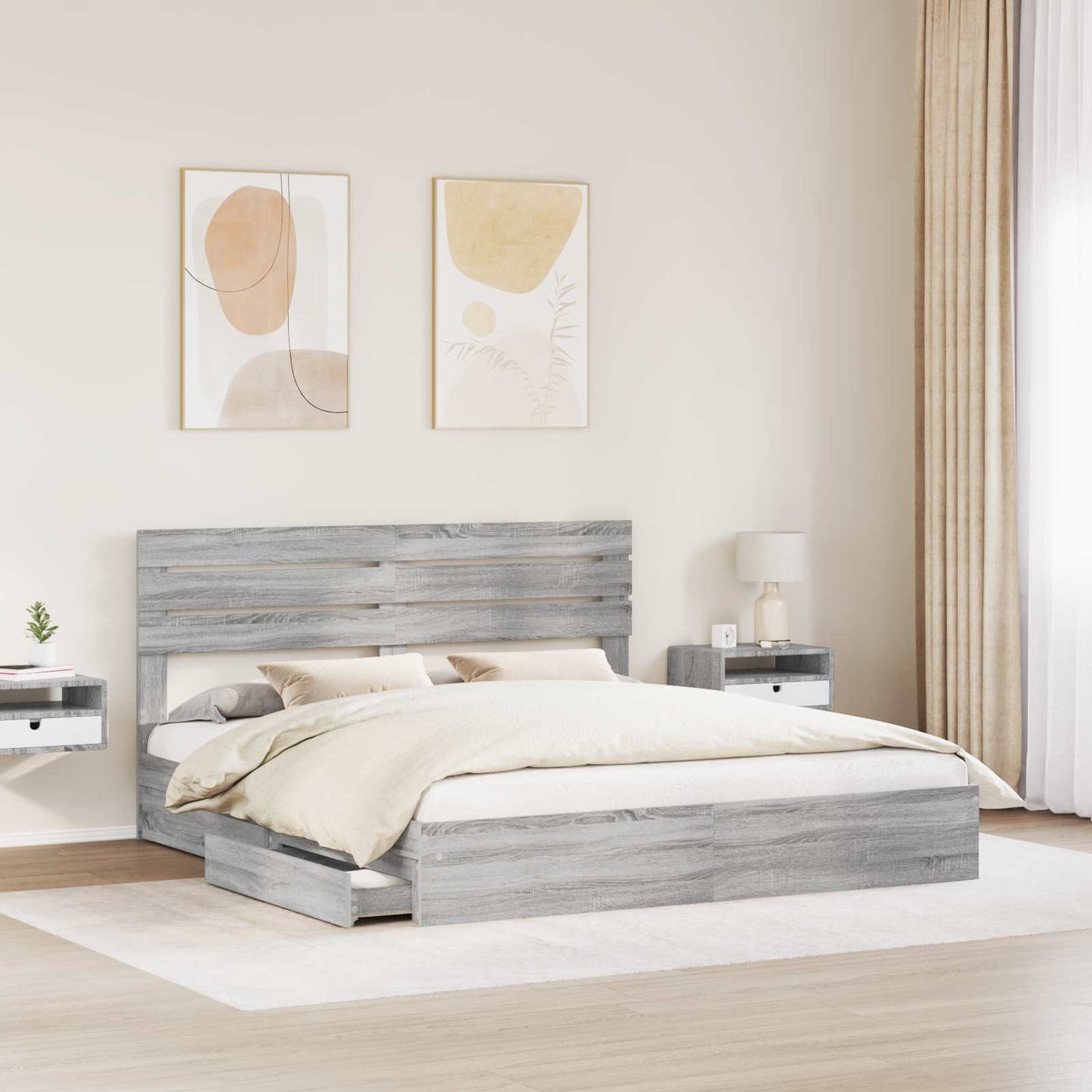 Tárolós Ágy fiókkal Szürke Sonoma 200 x 200 cm Szerelt Fa