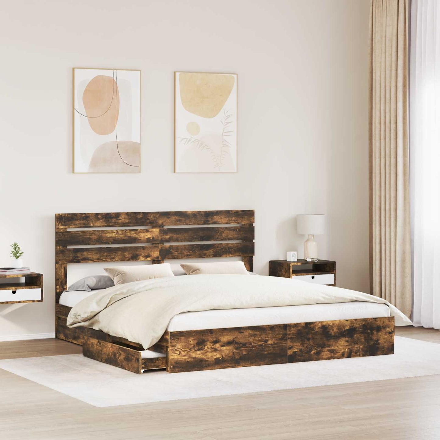 Tárolós Ágy fiókkal Füstölt tölgy 180 x 200 cm Szerelt Fa
