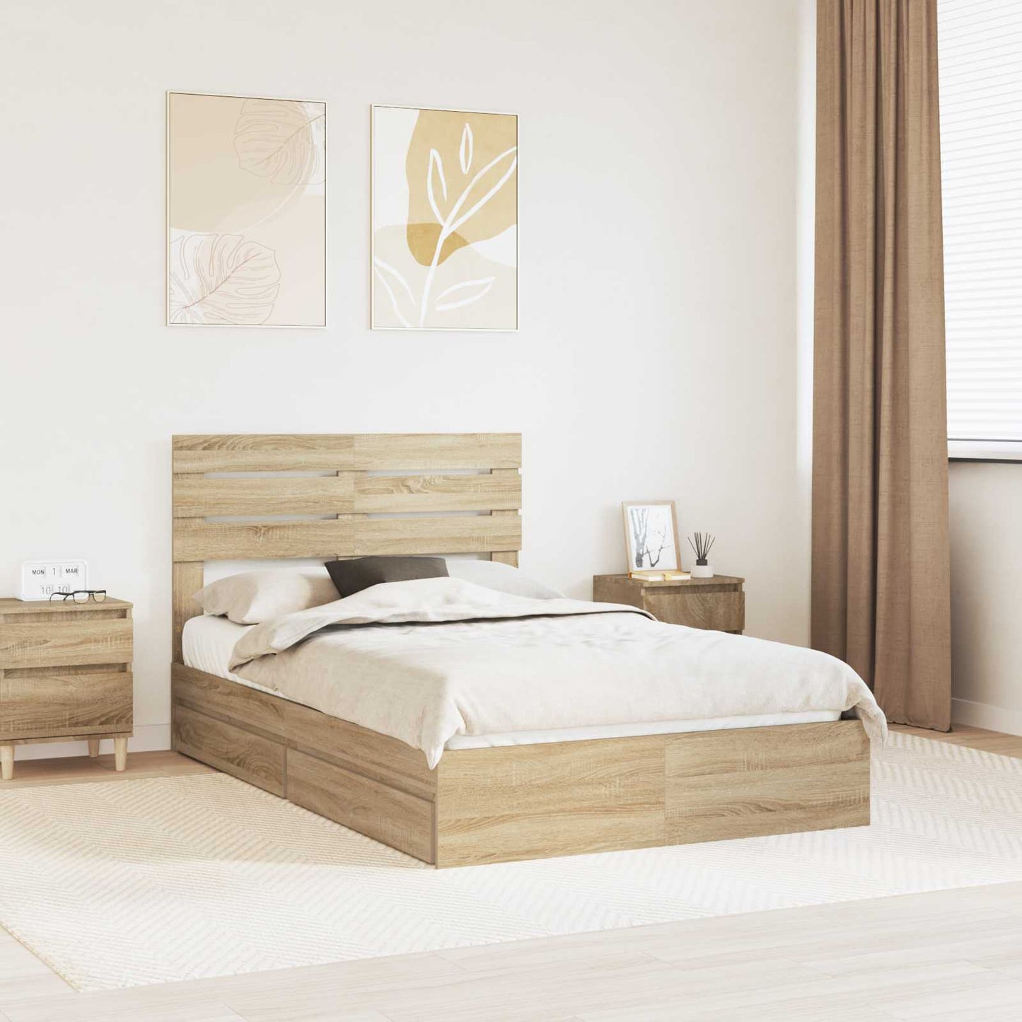 Tárolós Ágy fejtámlával Sonoma tölgy 135 x 190 cm Faanyag