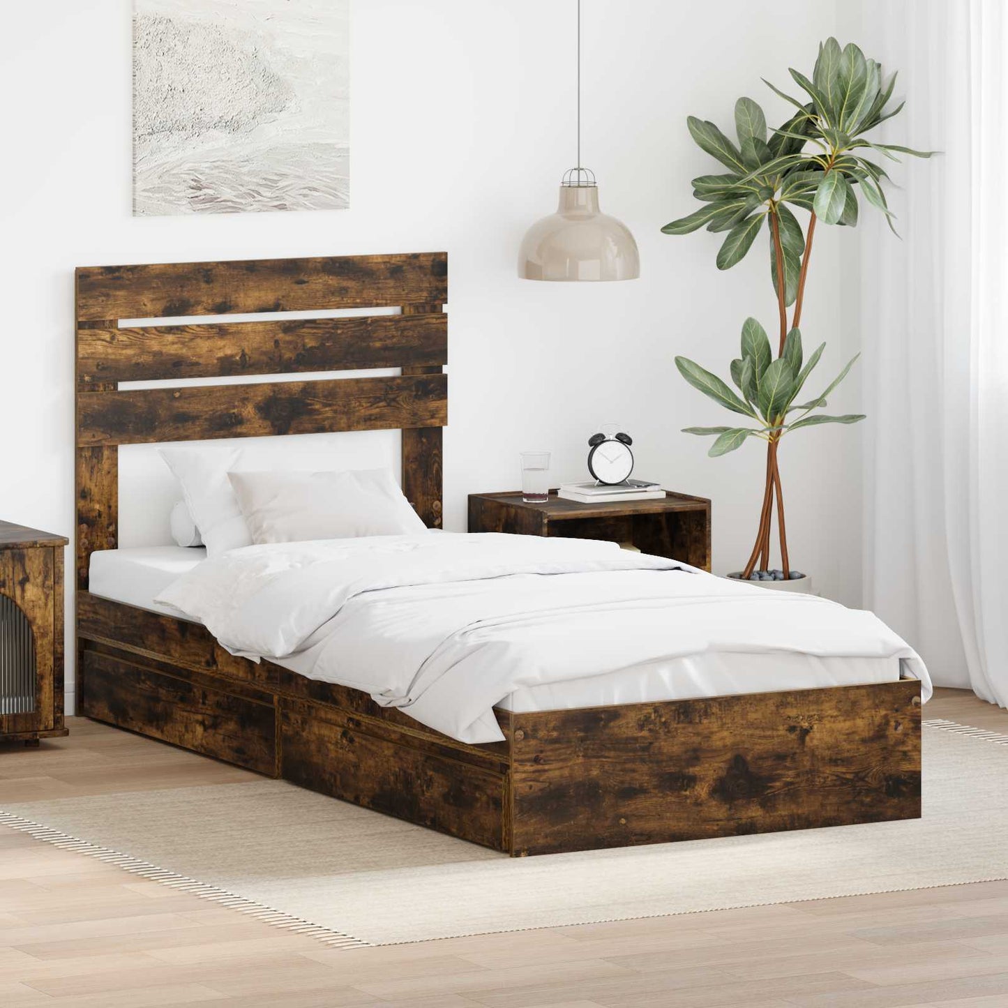 Tárolós Ágy fiókkal Füstölt tölgy 90 x 200 cm Szerelt Fa