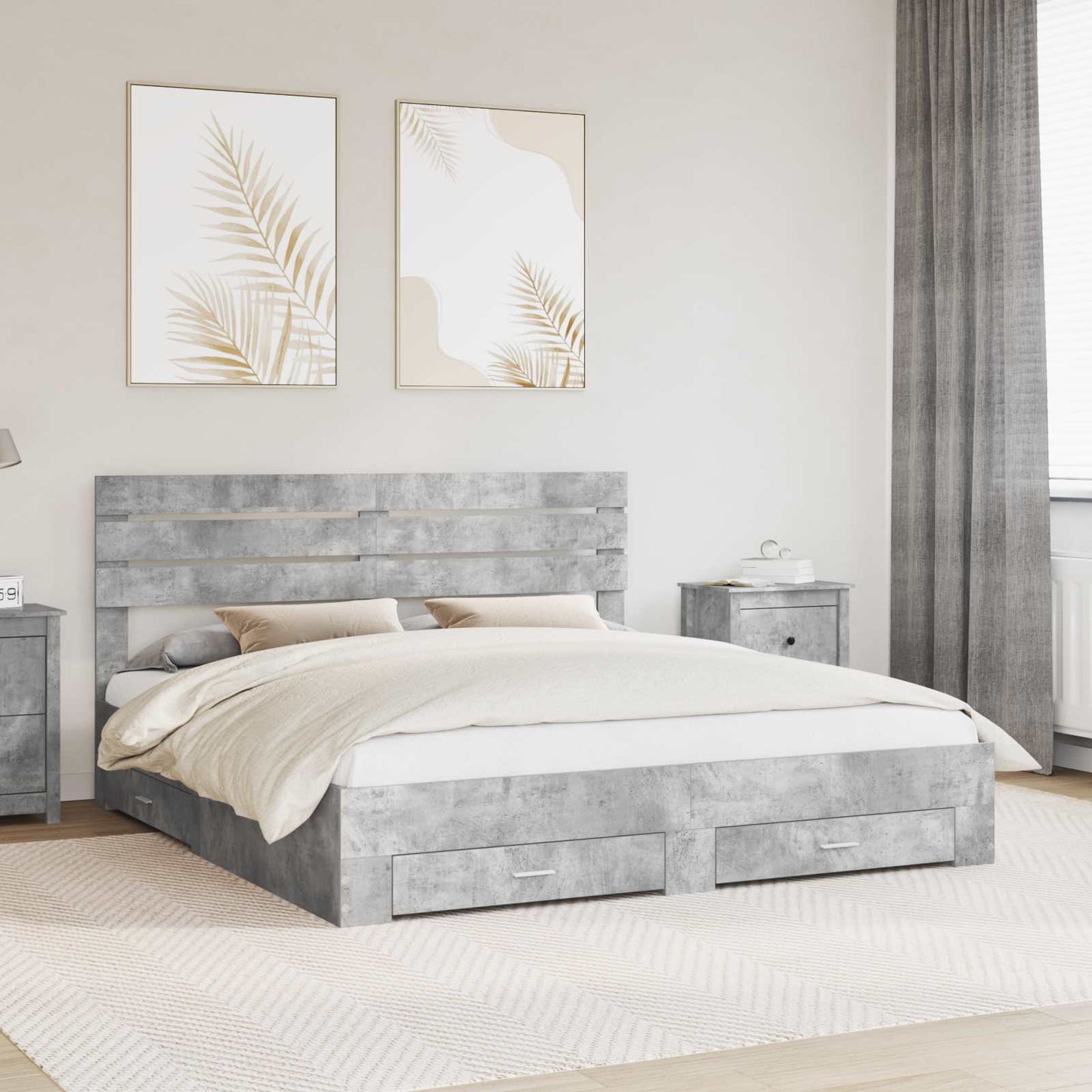 Ágykeret fiókkal tárolóval Beton Szürke 200 x 200 cm Szerelt Fa