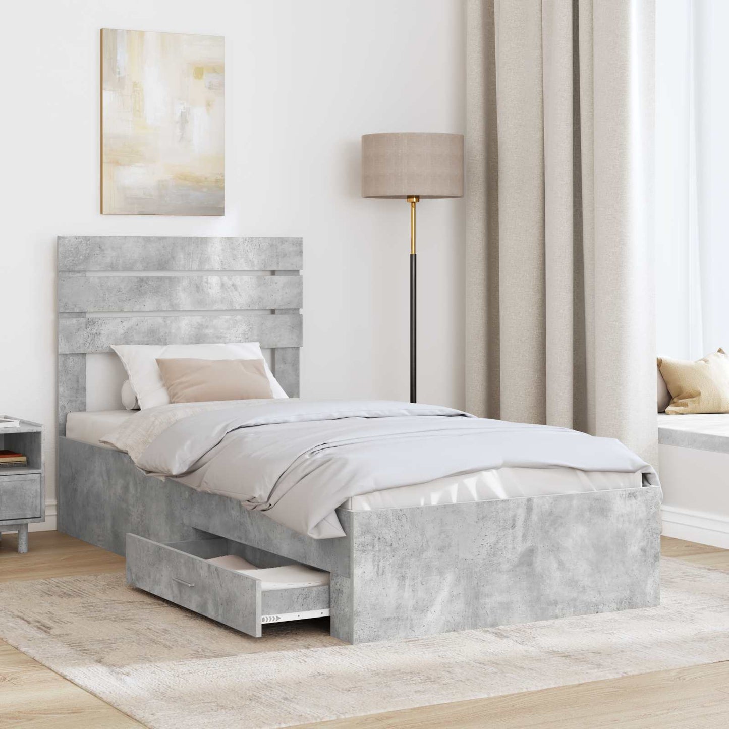 Ágykeret fiókkal tárolóval Beton Szürke 90 x 200 cm Szerelt Fa