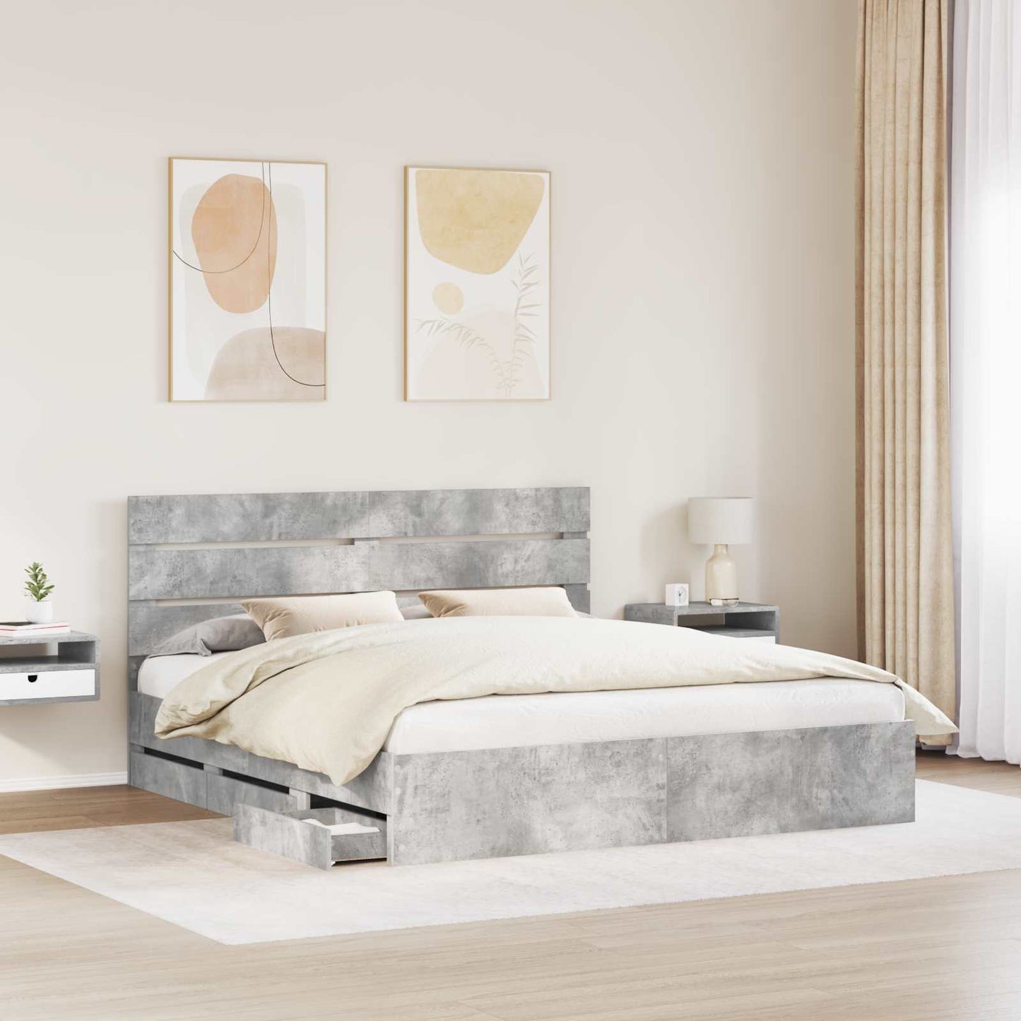 Ágykeret fiókkal tárolóval Beton Szürke 200 x 200 cm Mérnöki Fa