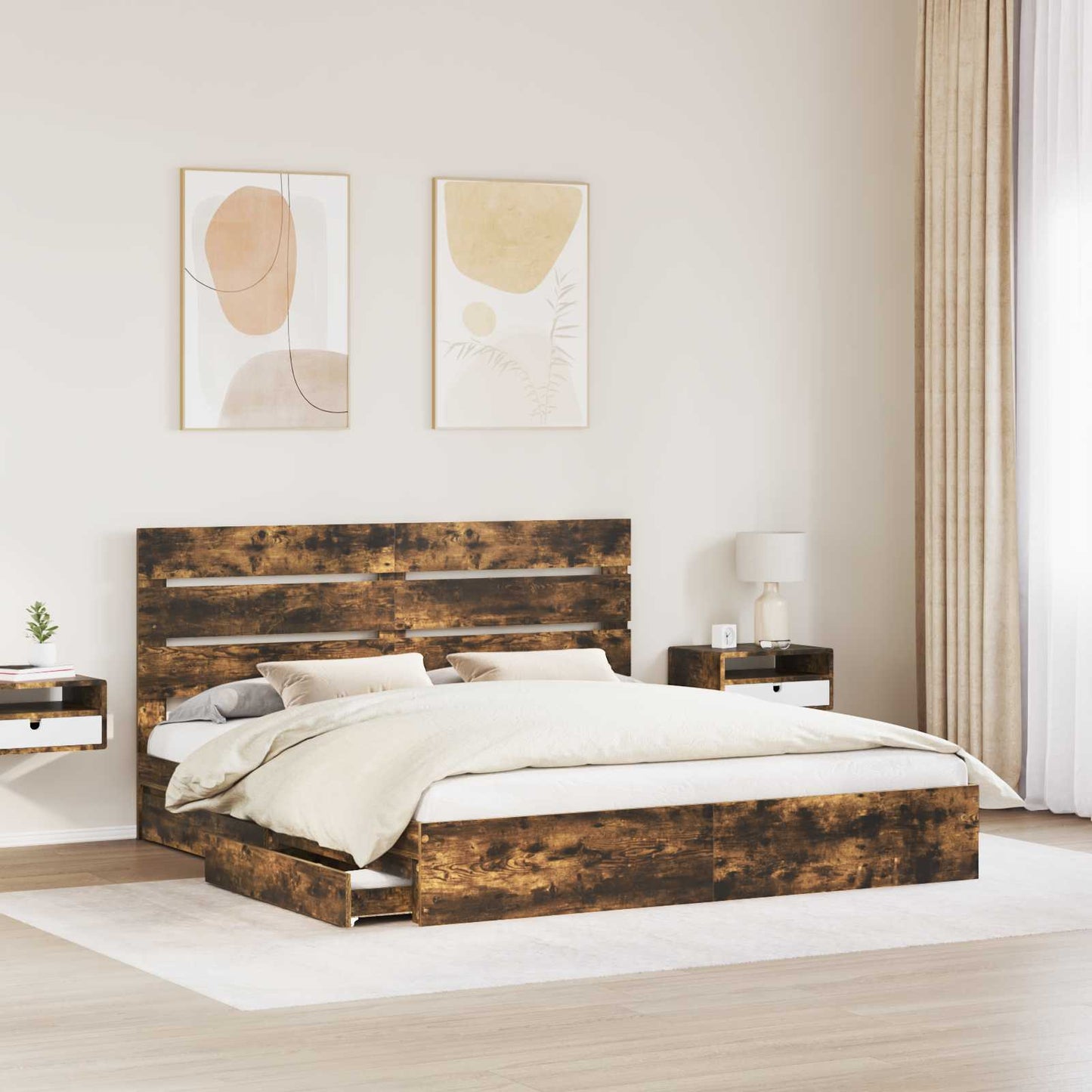 Tárolós Ágy fiókkal Füstölt tölgy 180 x 200 cm Szerelt Fa