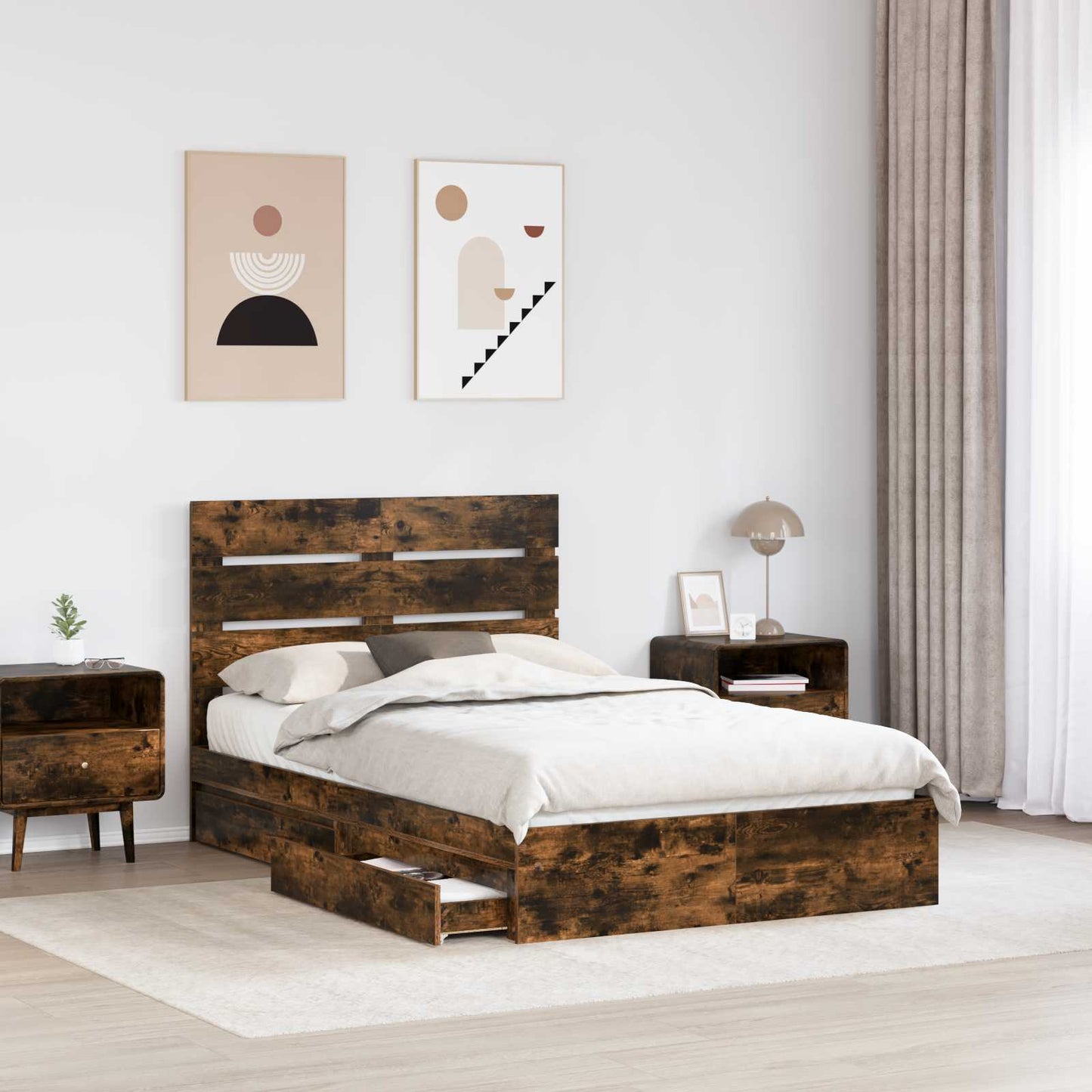 Tárolós Ágy fiókkal Füstölt tölgy 135 x 190 cm Szerelt Fa