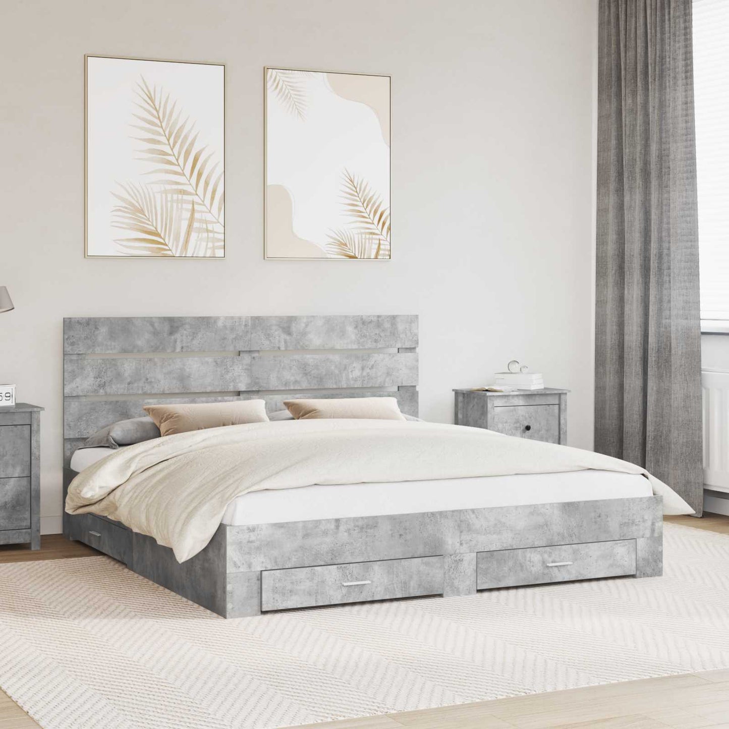 Ágykeret fiókkal tárolóval Beton Szürke 200 x 200 cm Szerelt Fa