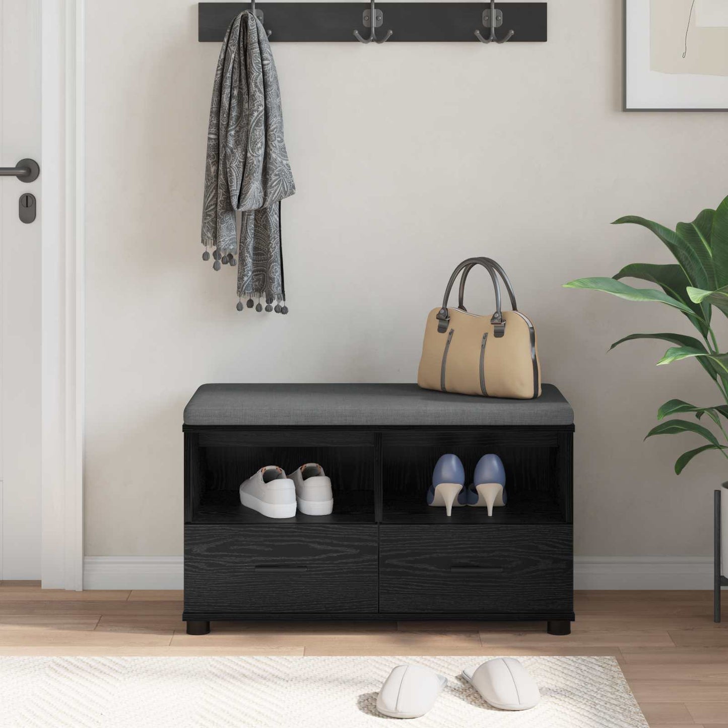 Előtér pad Fekete Tölgy 80 x 38 x 46 cm Műanyag Fa és Szövet