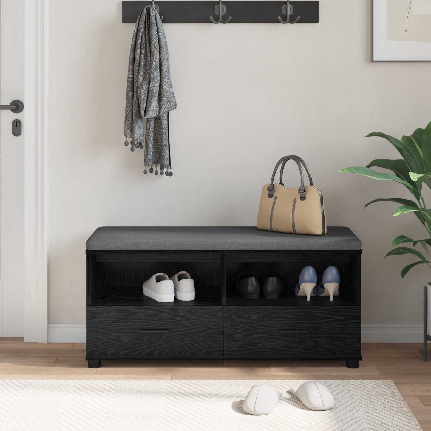 Előtér pad Fekete Tölgy 100 x 38 x 46 cm Műanyag Fa és Szövet