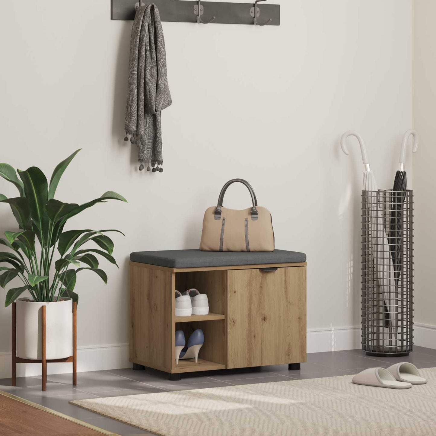 Előtér pad Kézműves Tölgy 60 x 38 x 46 cm Műanyag Fa és Szövet