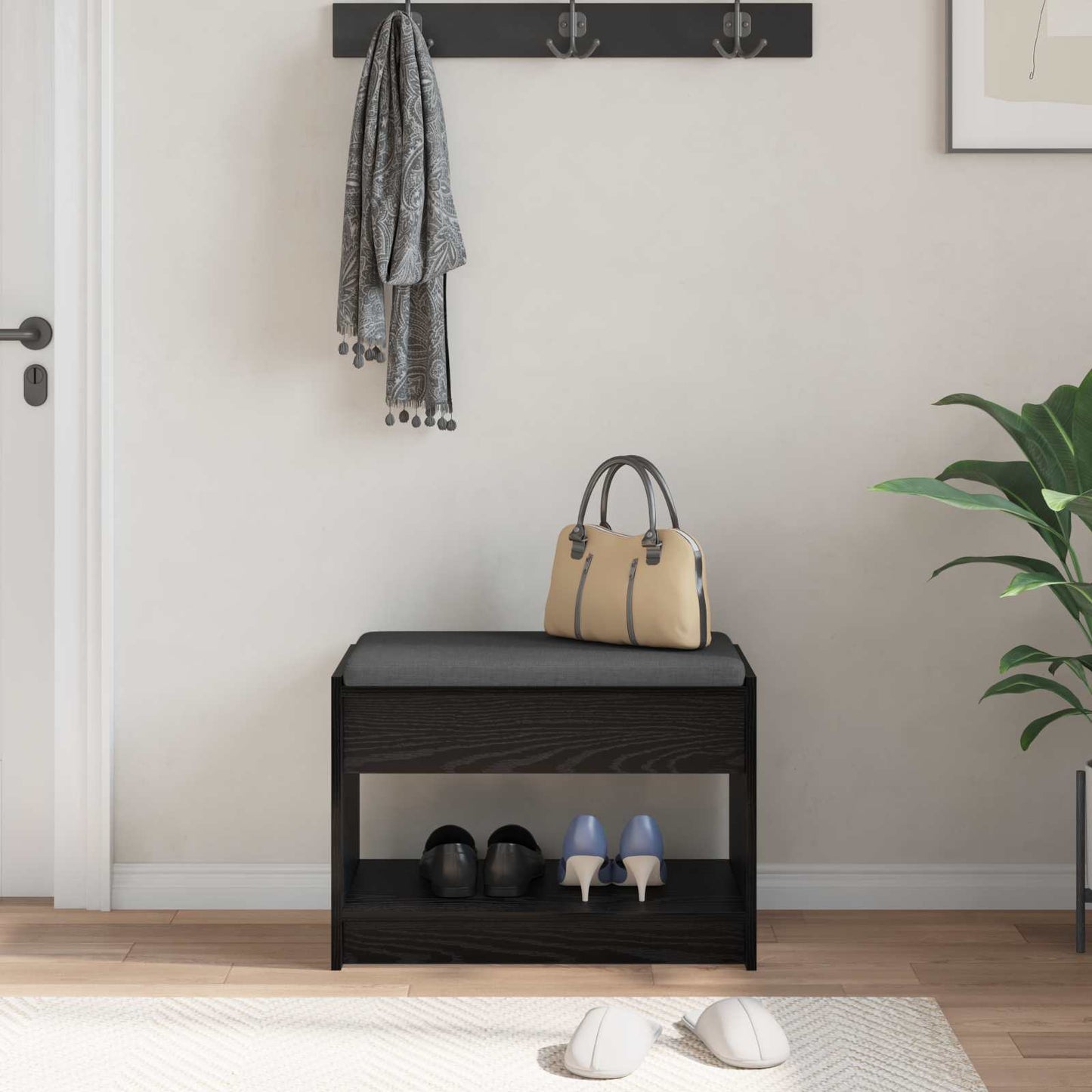 Előtér pad Fekete Tölgy 63 x 38 x 45 cm Műanyag Fa és Szövet
