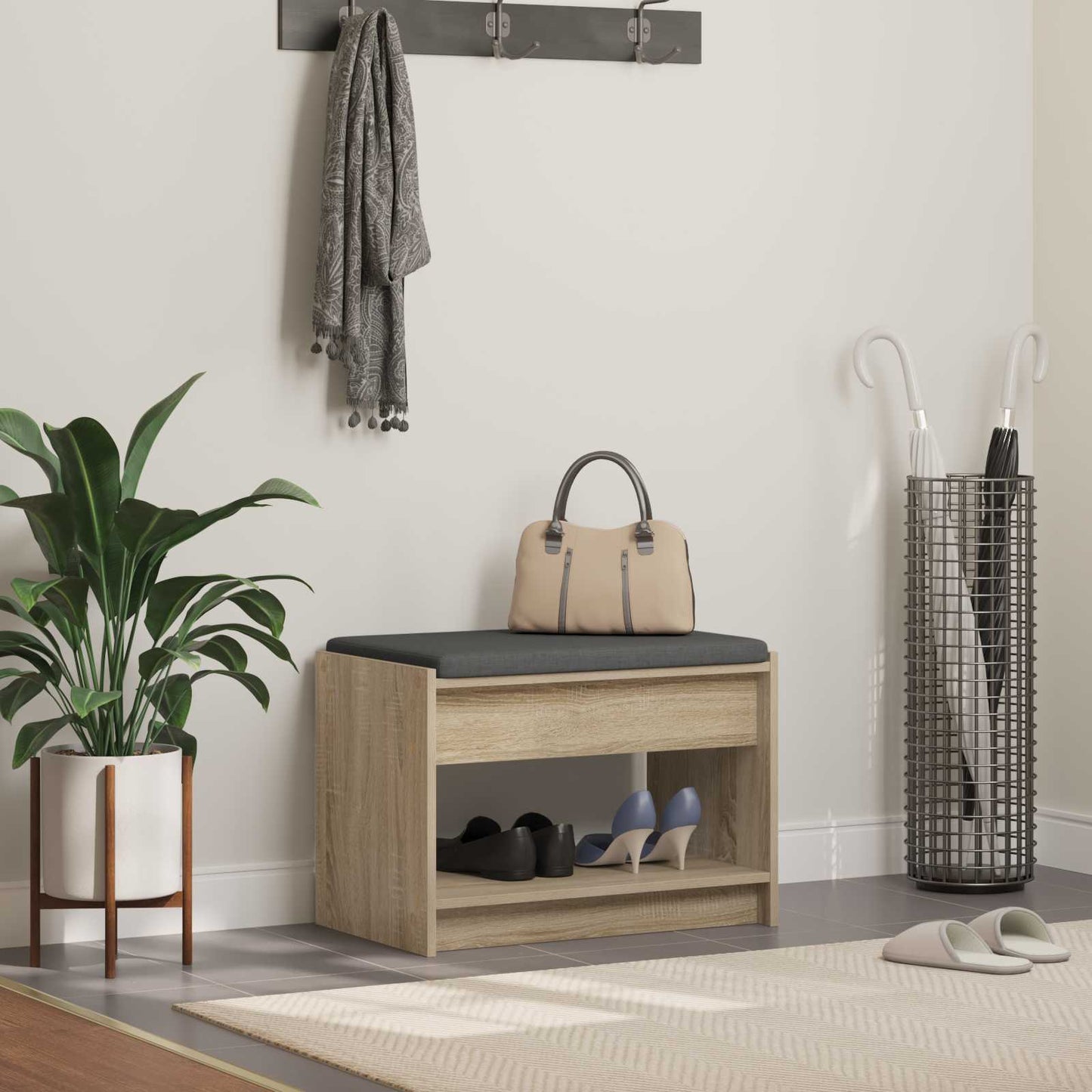 Előtér pad Sonoma tölgy 63 x 38 x 45 cm Műanyag Fa és Szövet