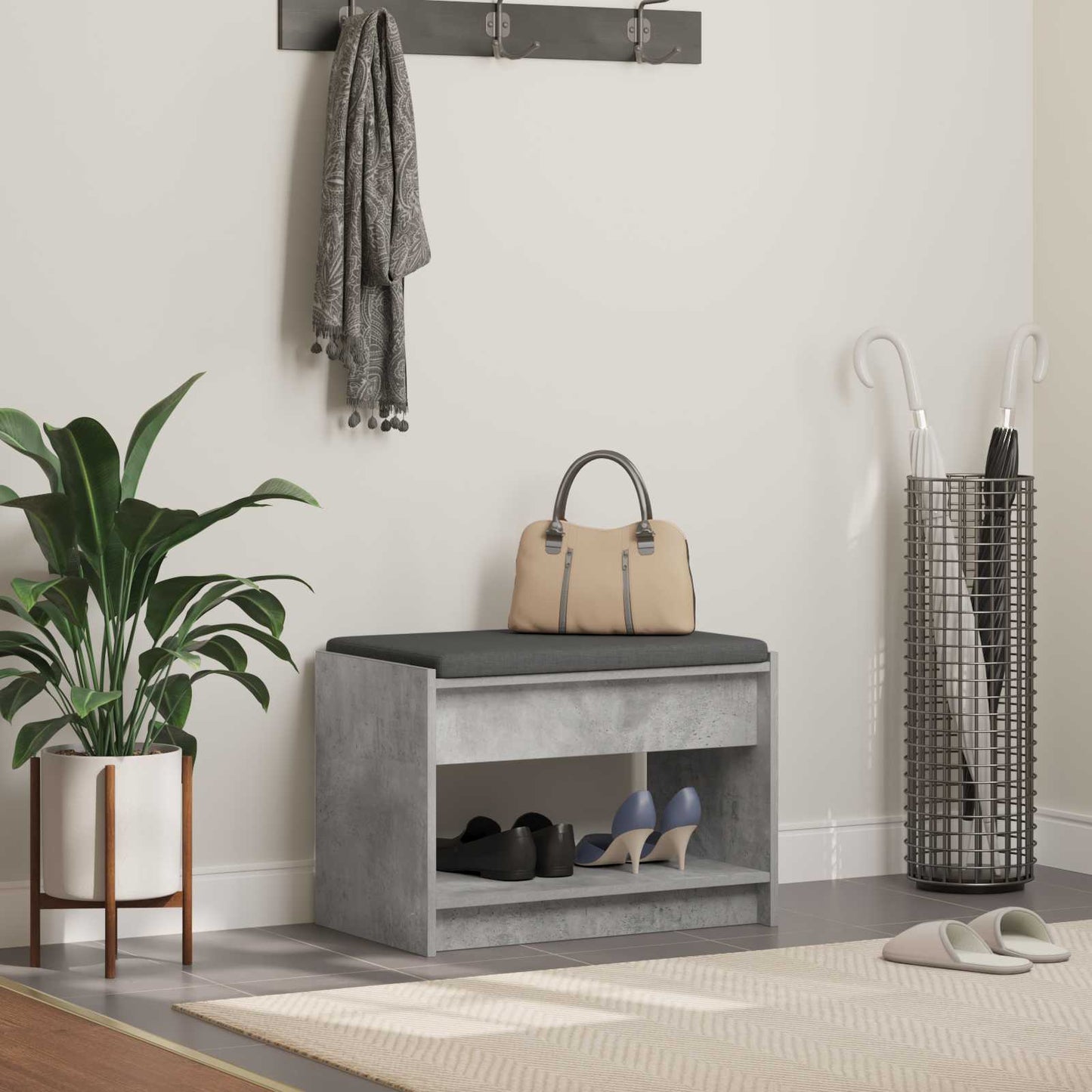 Előtér pad Beton Szürke 63 x 38 x 45 cm Műanyag Fa és Szövet