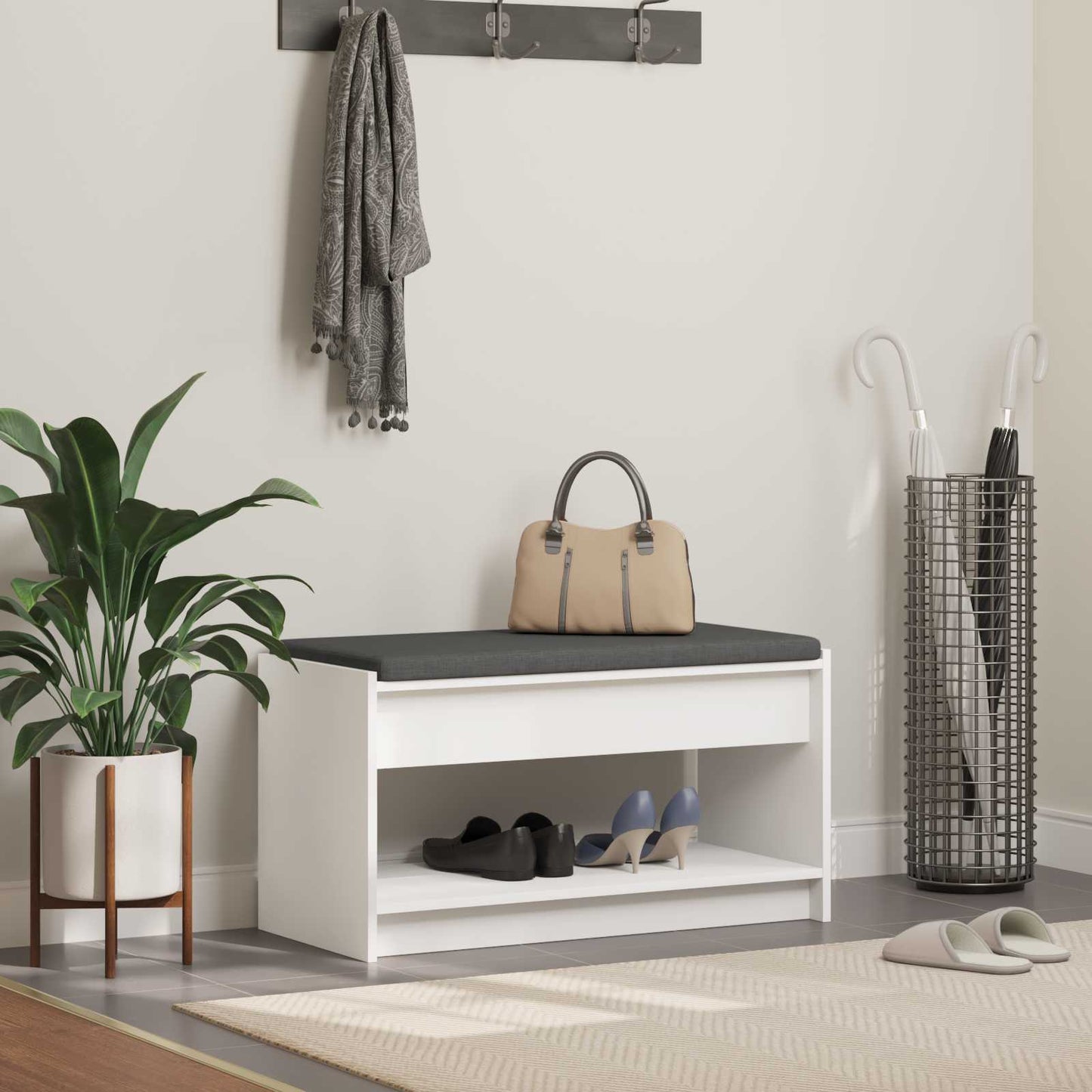 Előtér pad párnával Fehér 83 x 38 x 45 cm Műanyag Fa és Szövet
