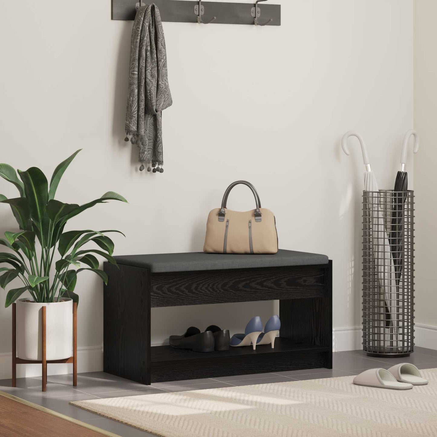 Előtér pad Fekete Tölgy 83 x 38 x 45 cm Műanyag Fa és Szövet