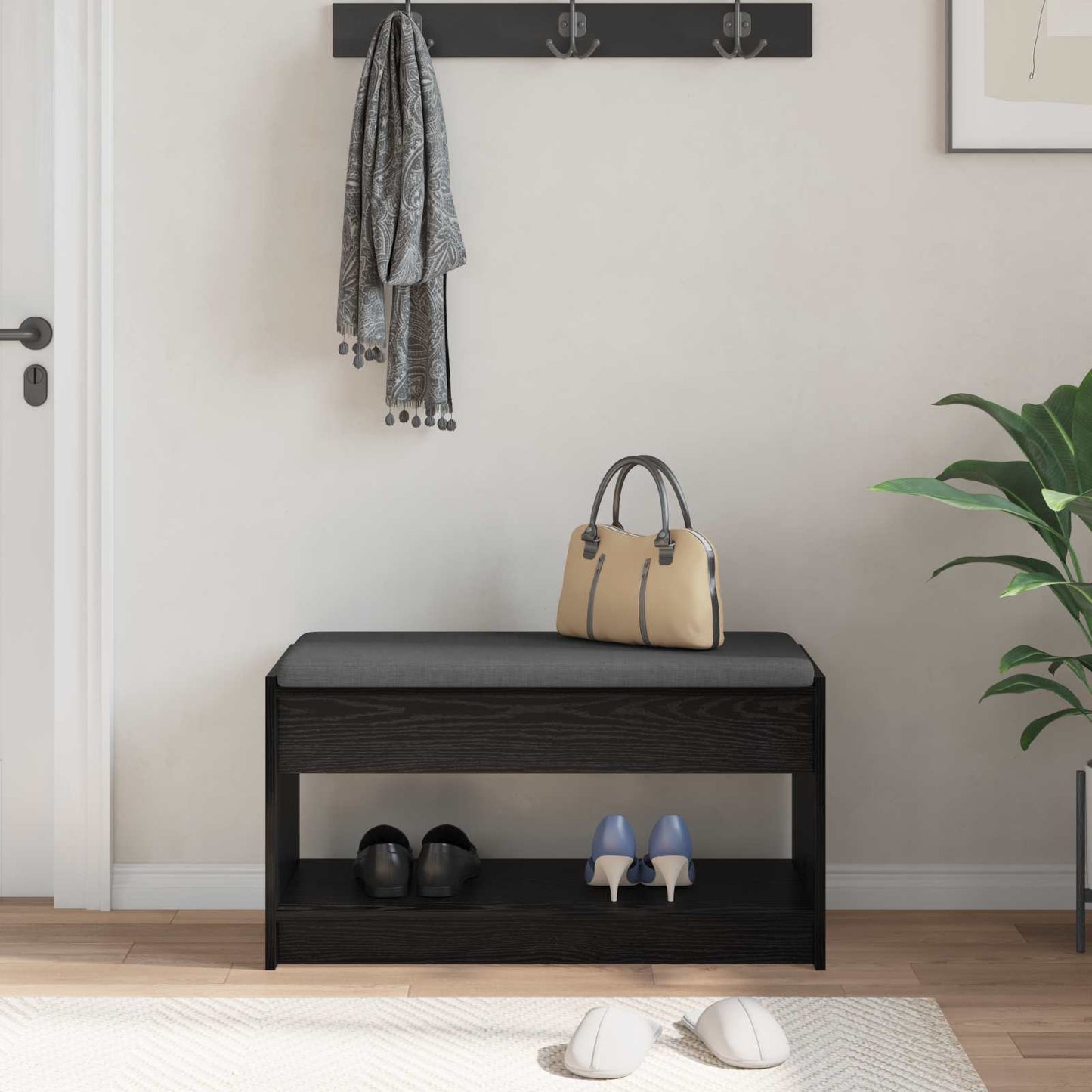Előtér pad Fekete Tölgy 83 x 38 x 45 cm Műanyag Fa és Szövet