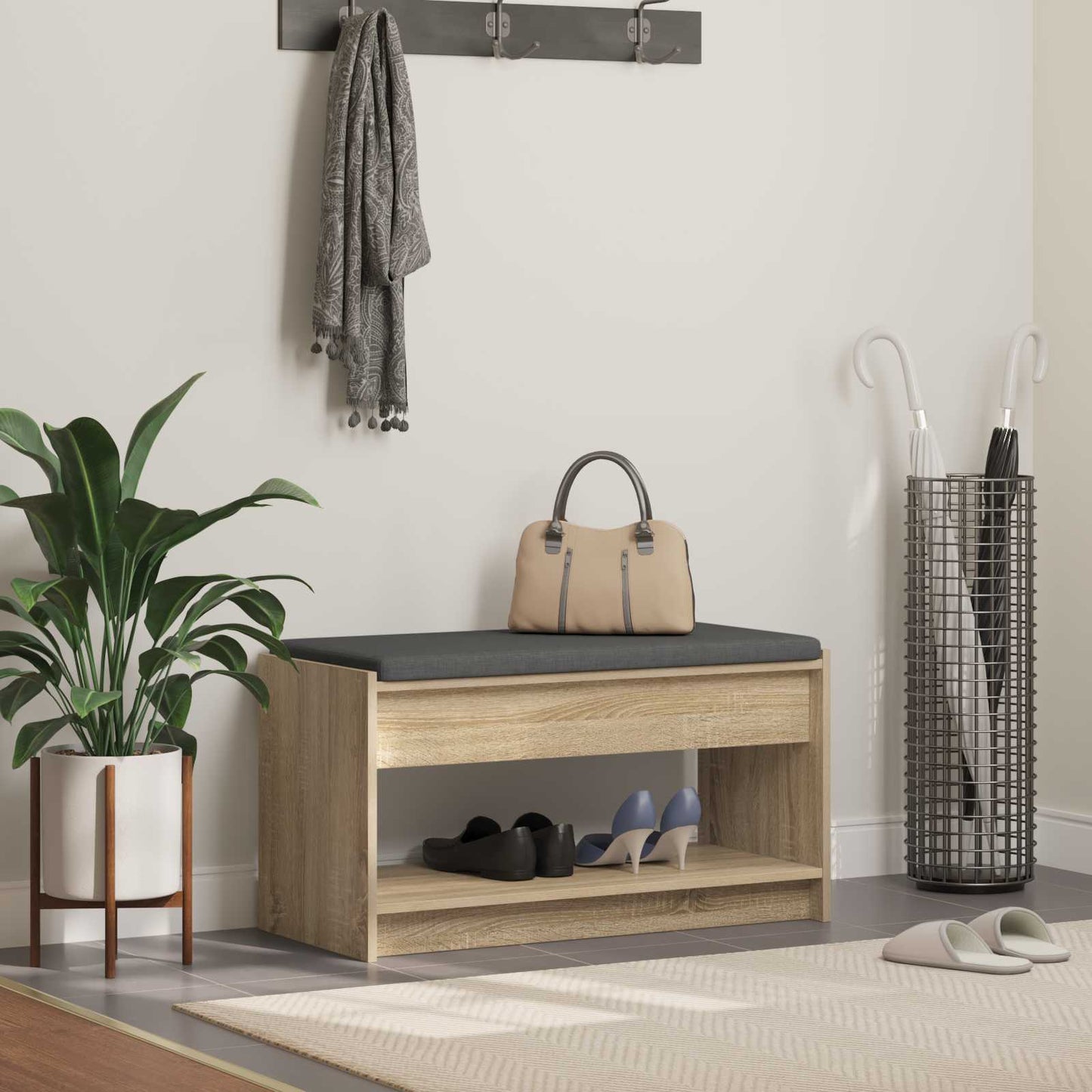 Előtér pad Sonoma tölgy 83 x 38 x 45 cm Műanyag Fa és Szövet