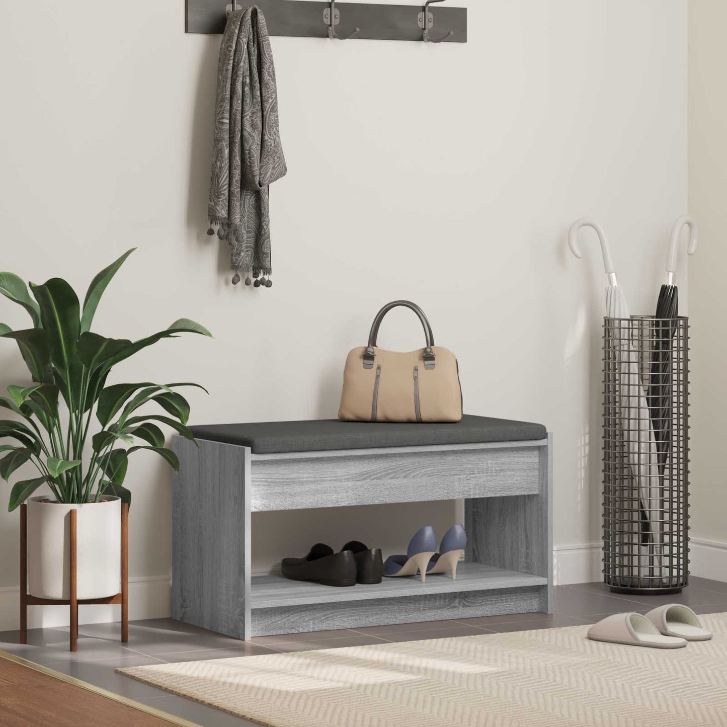 Előtér pad Szürke Sonoma 83 x 38 x 45 cm Műanyag Fa és Szövet