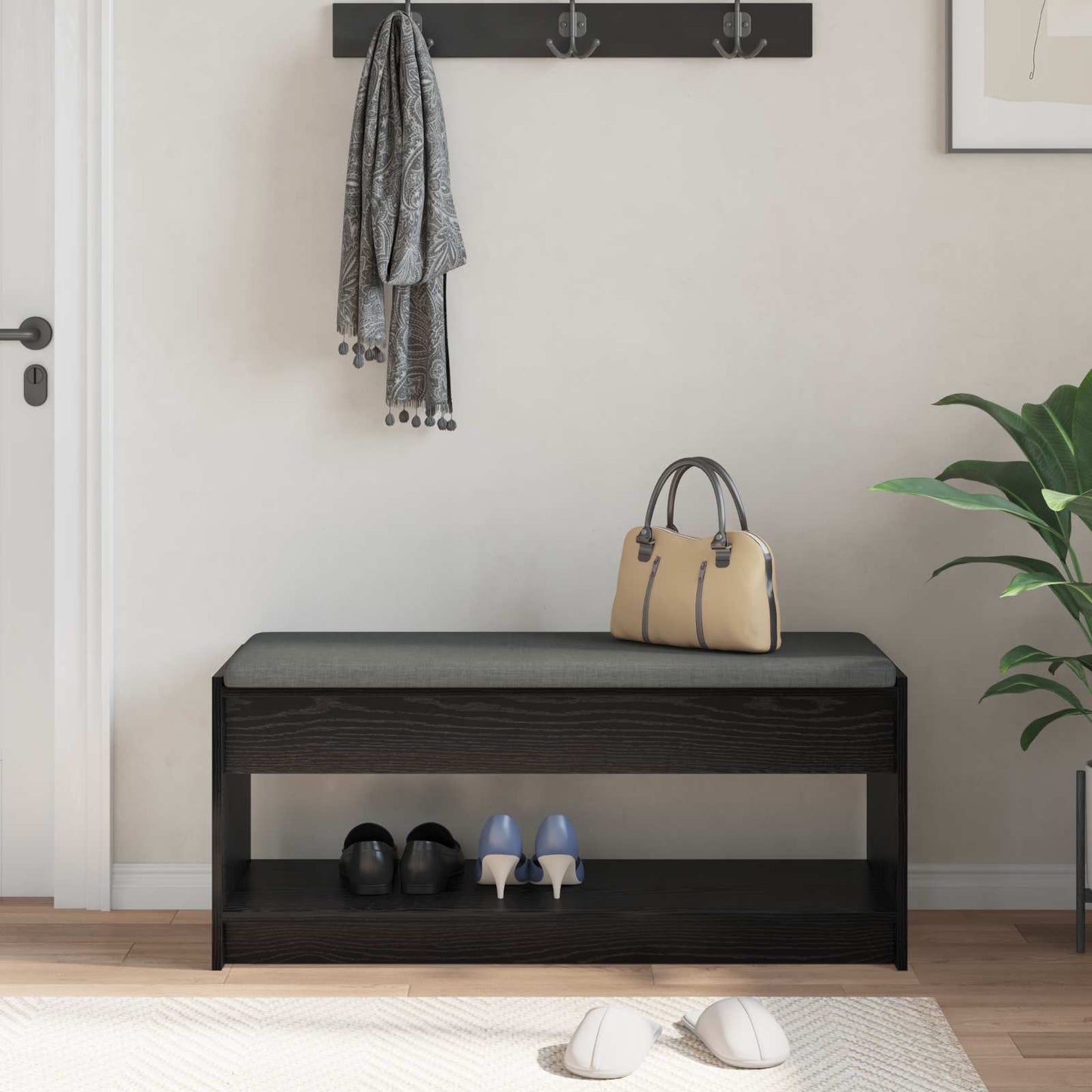 Előtér pad Fekete Tölgy 103 x 38 x 45 cm Műanyag Fa és Szövet