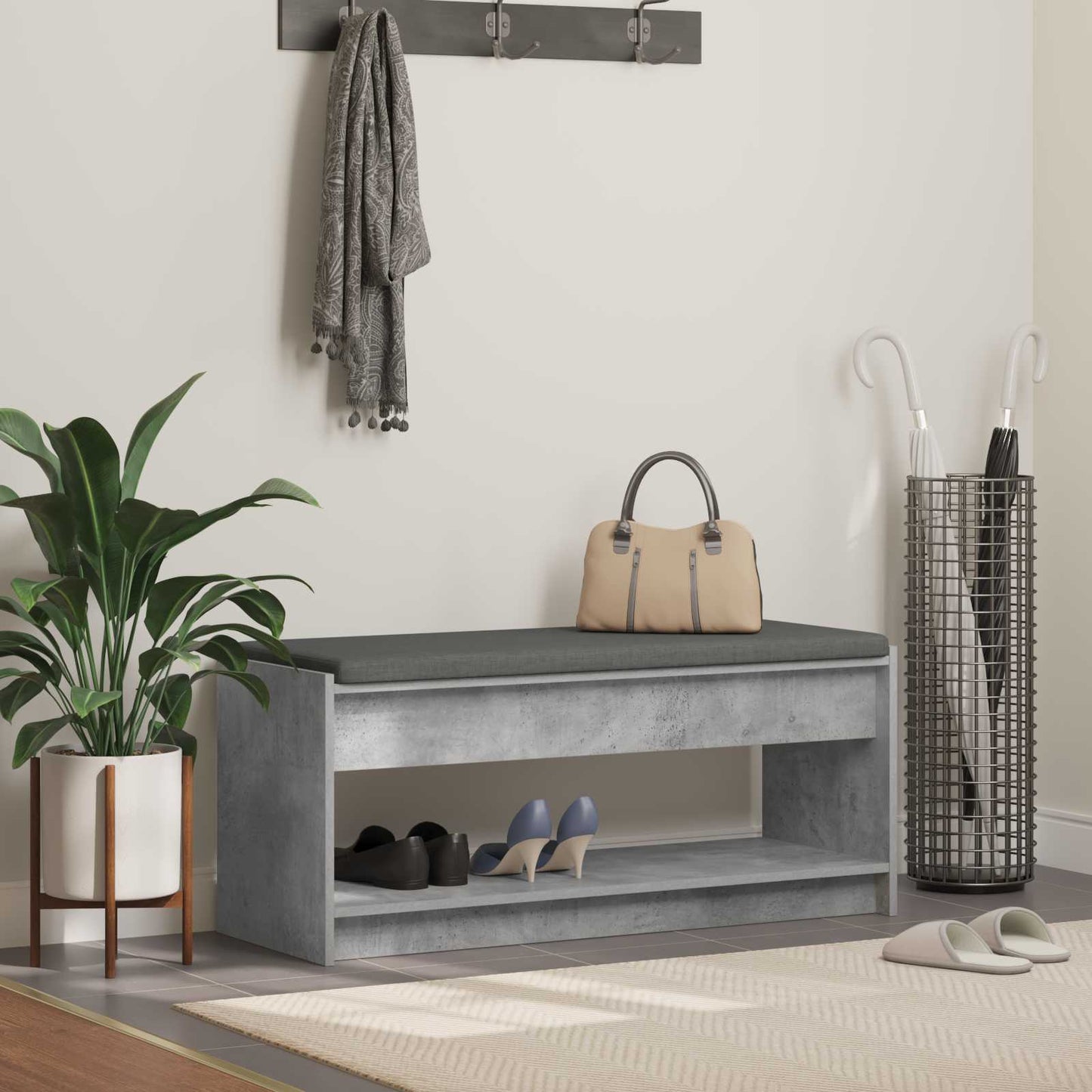 Előtér pad Beton Szürke 103 x 38 x 45 cm Műanyag Fa és Szövet