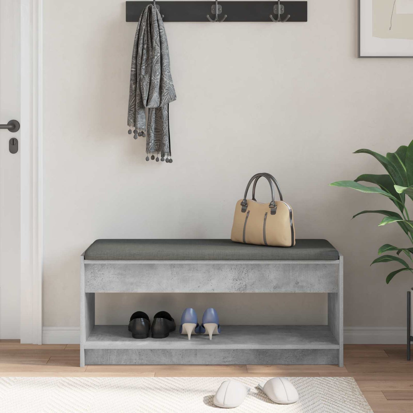 Előtér pad Beton Szürke 103 x 38 x 45 cm Műanyag Fa és Szövet