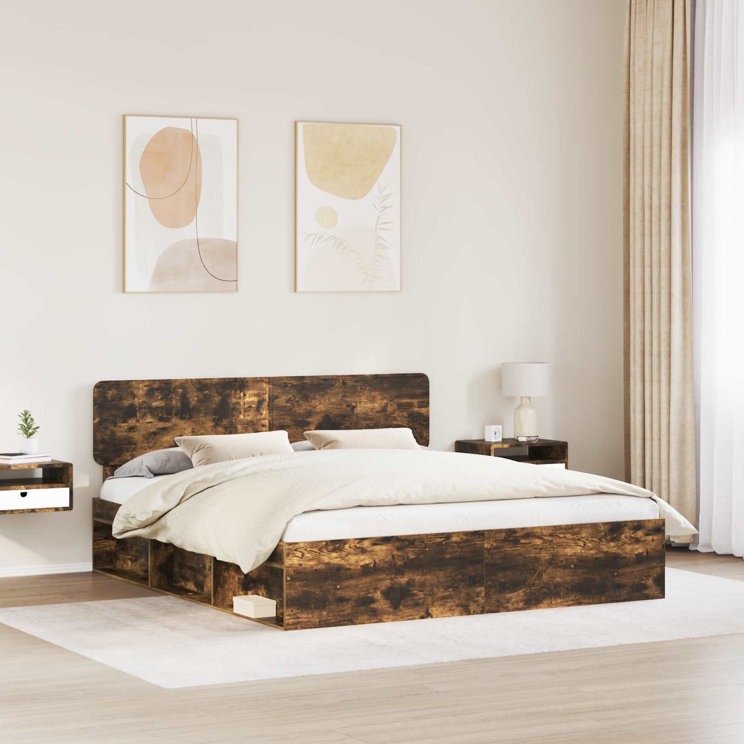 Ágykeret fejtámlával Füstölt tölgy 200 x 200 cm Tömör fenyőfa