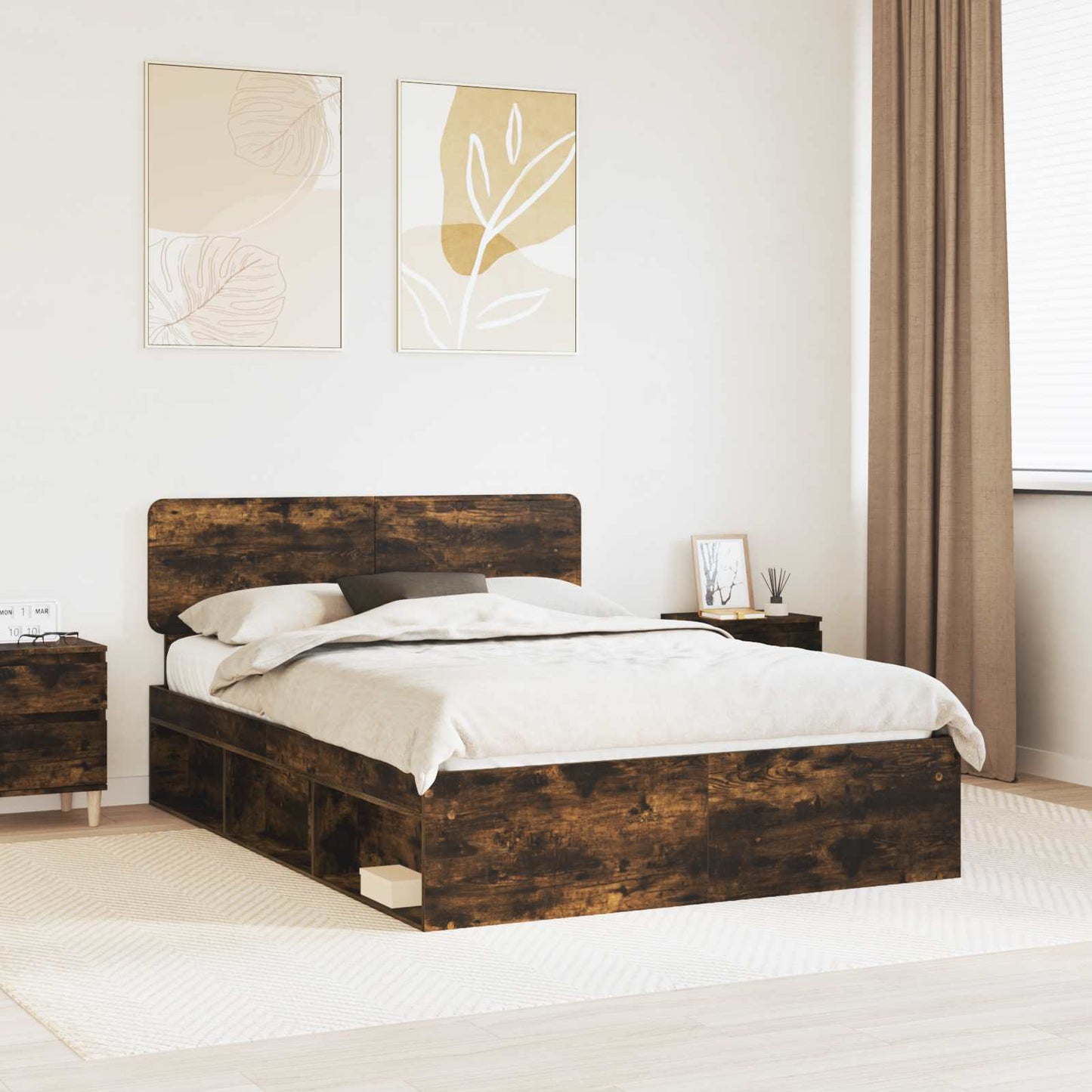 Ágykeret fejtámlával Füstölt tölgy 140 x 190 cm Tömör fenyőfa