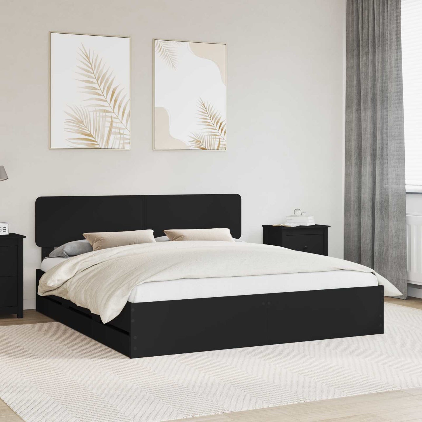 Ágykeret fiókkal fejtámlával Fekete 200 x 200 cm Mérnöki fa