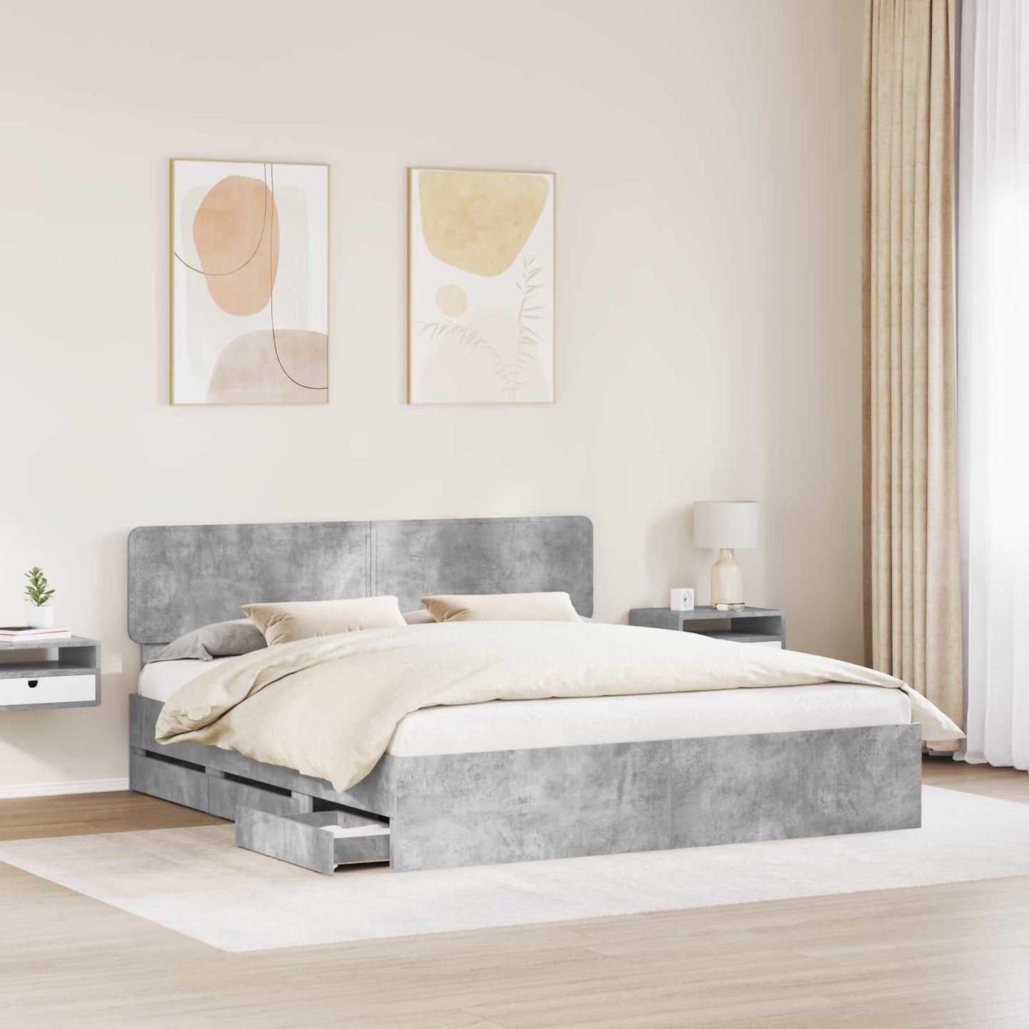 Ágykeret fiókkal tárolóval Beton Szürke 200 x 200 cm Mérnöki fa