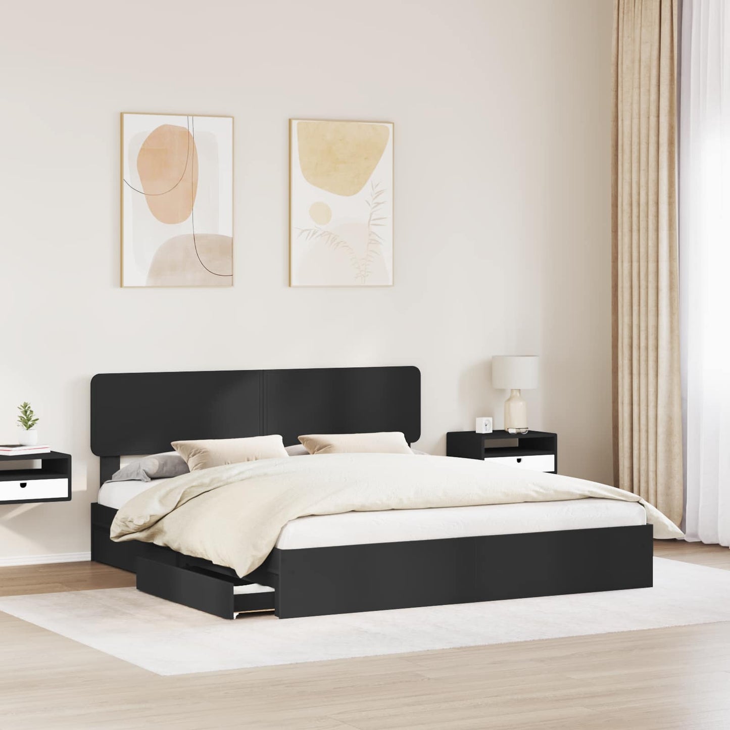 Tárolós Ágy fiókkal fejtámlával Fekete 200 x 200 cm Szerelt Fa