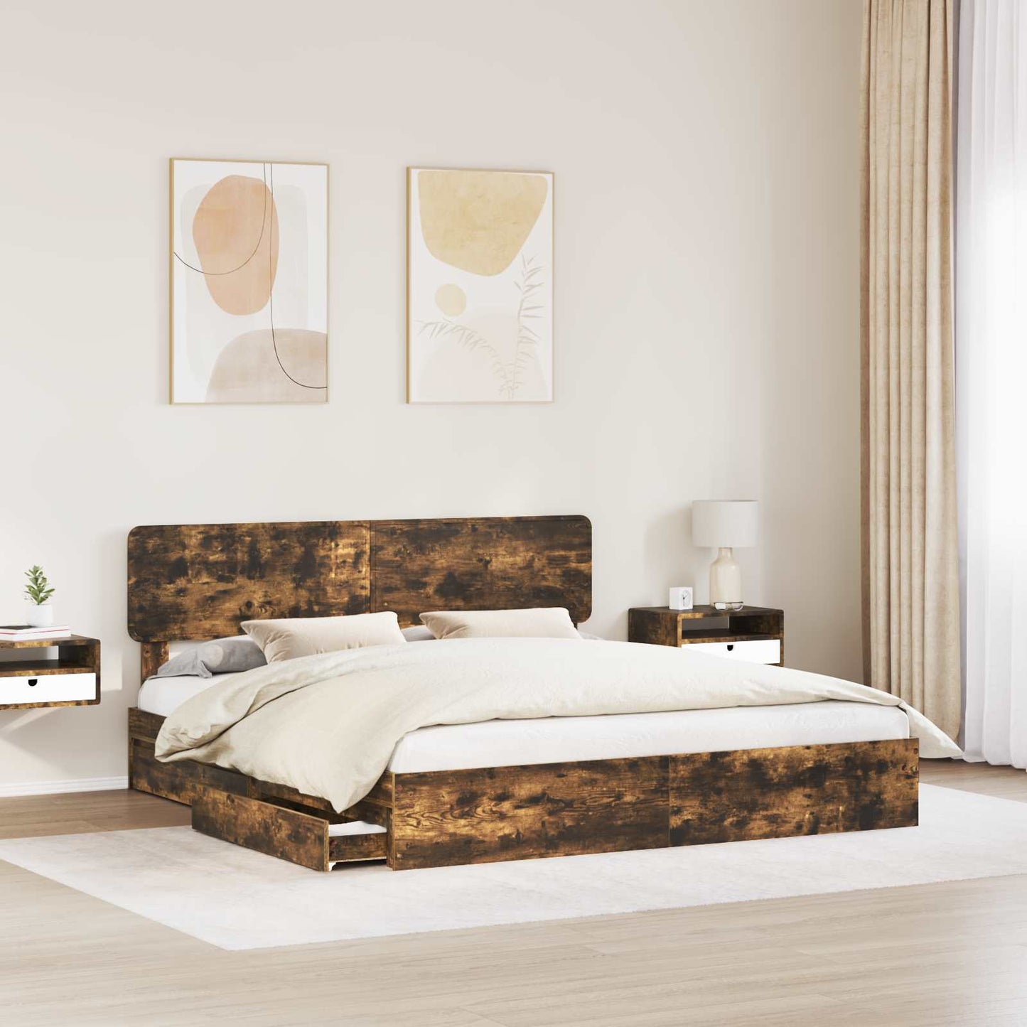 Tárolós Ágy fiókkal Füstölt tölgy 180 x 200 cm Szerelt Fa