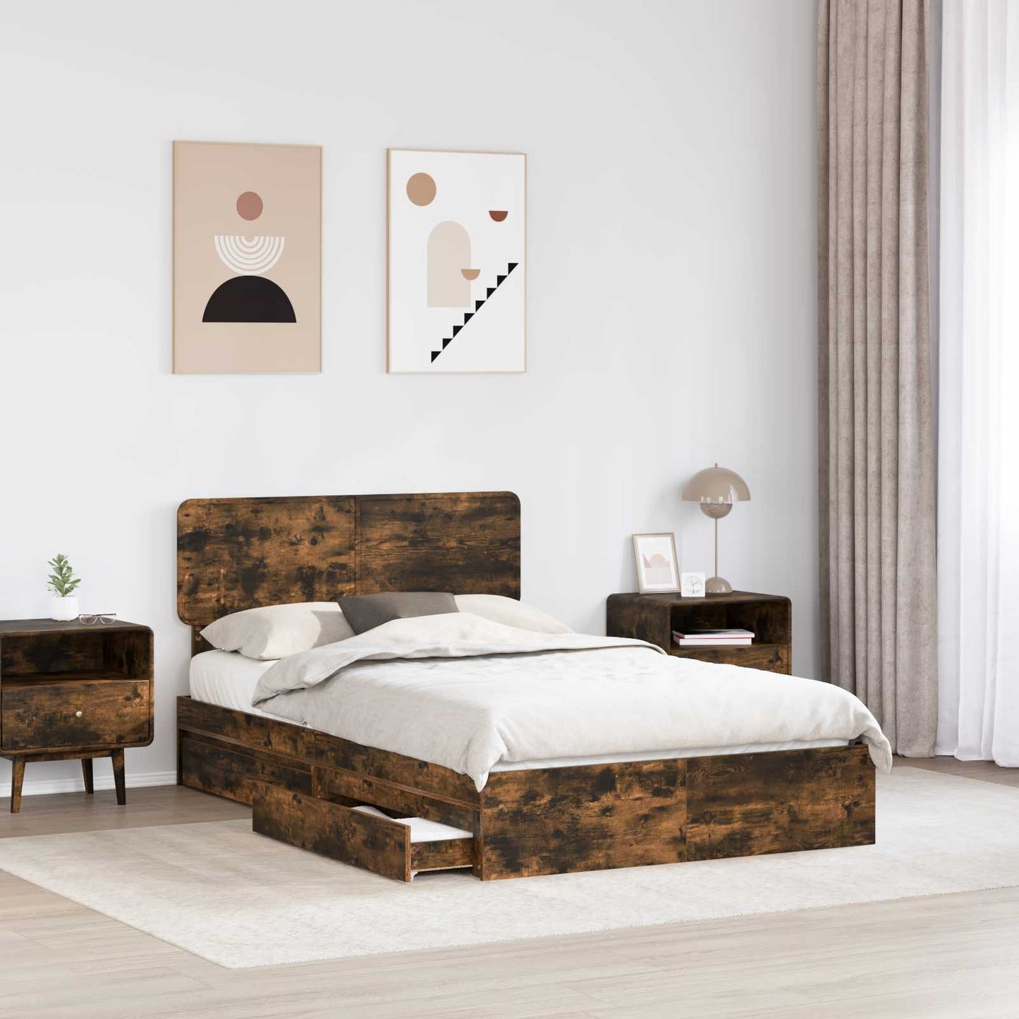 Tárolós Ágy fiókkal Füstölt tölgy 135 x 190 cm Szerelt Fa