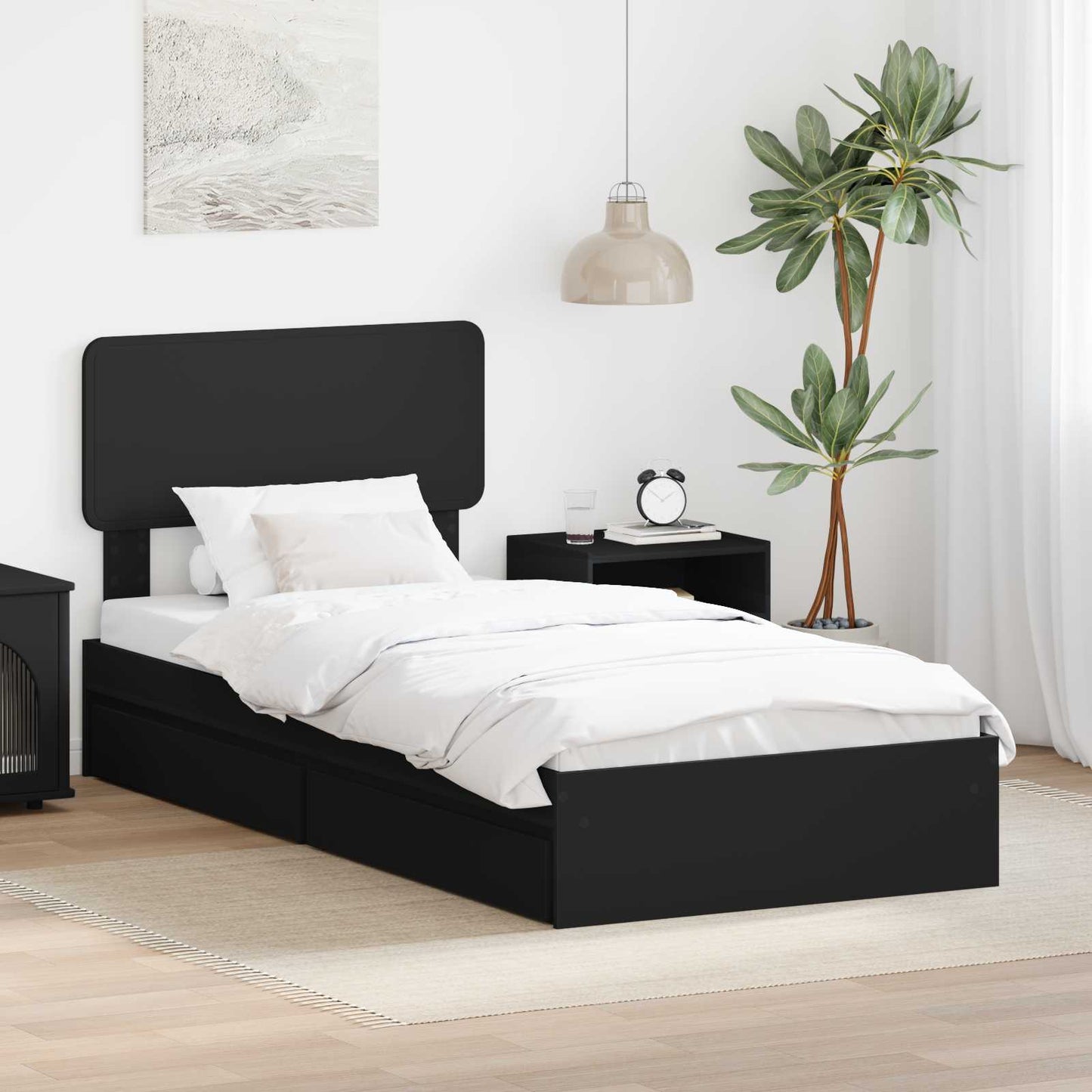 Tárolós Ágy fiókkal fejtámlával Fekete 90 x 190 cm Szerelt Fa